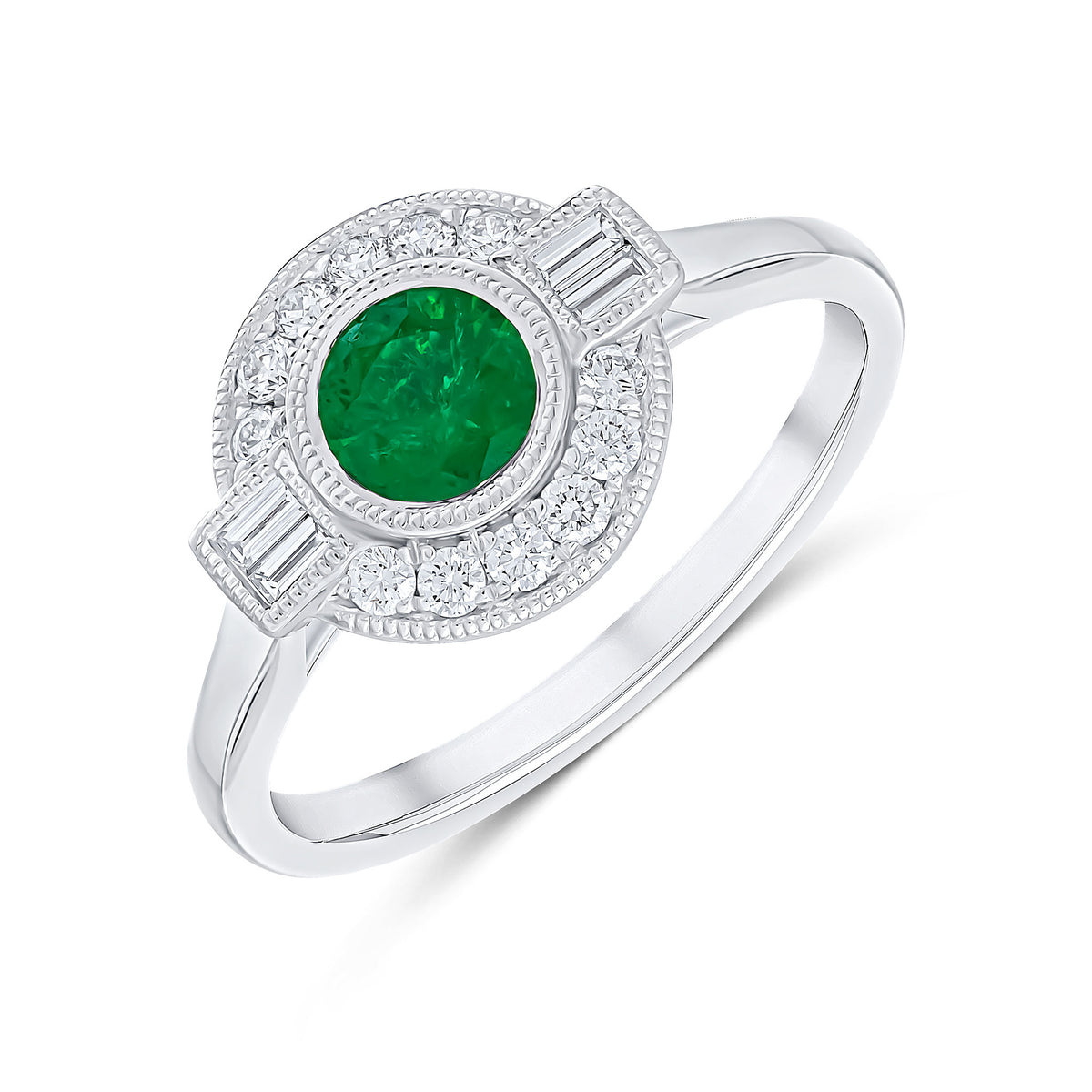 18ct White Gold Round Emerald Baguette and Round Diamond Milgrain Cluster Ring