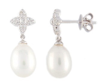 18ct White Gold Cfw Pearl and Diamond Flower Star Top Drop Earrings