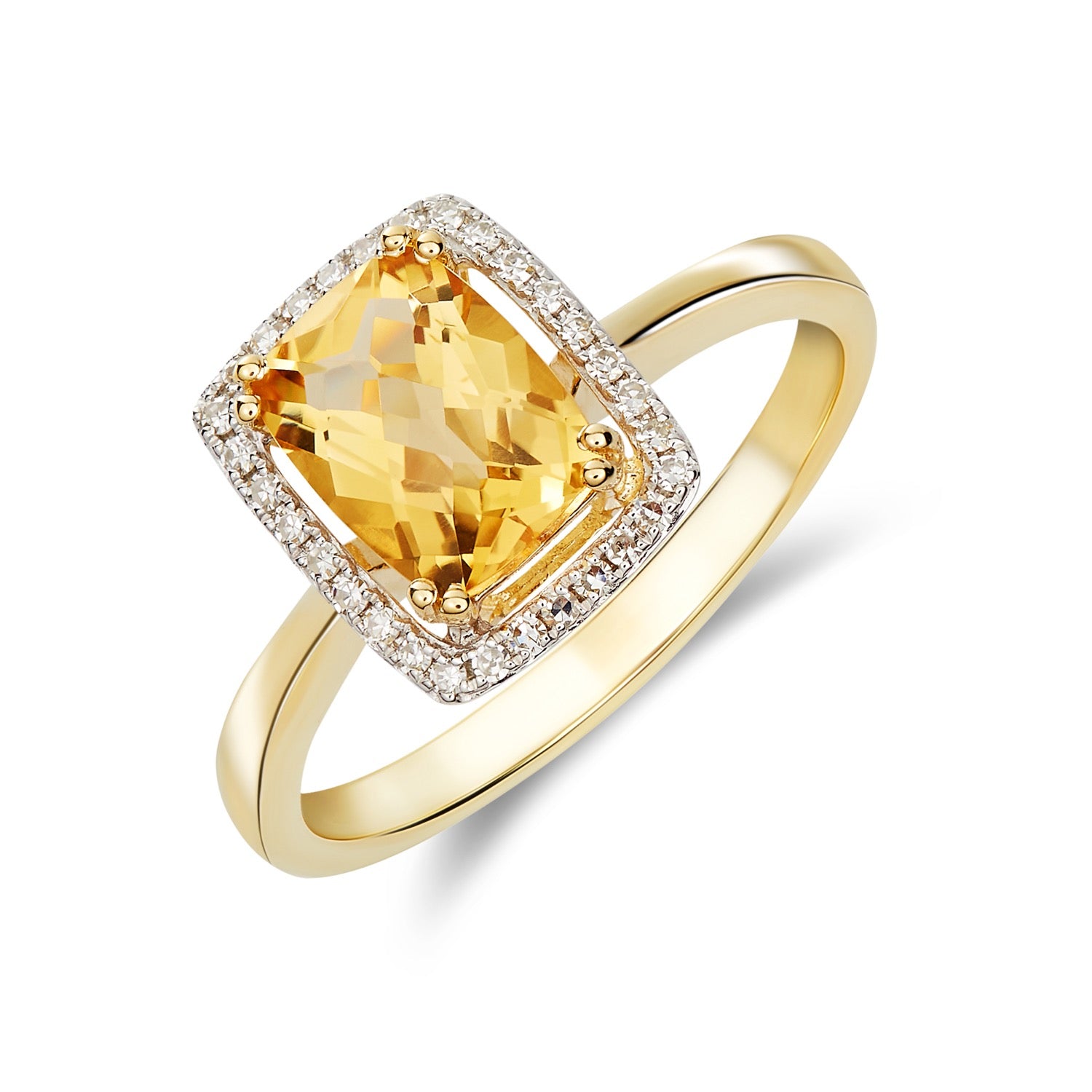 9ct Yellow Gold 8x6 Cushion Checkerboard Cut Citrine & Diamond Halo Cluster Ring Rhodium to Diamonds