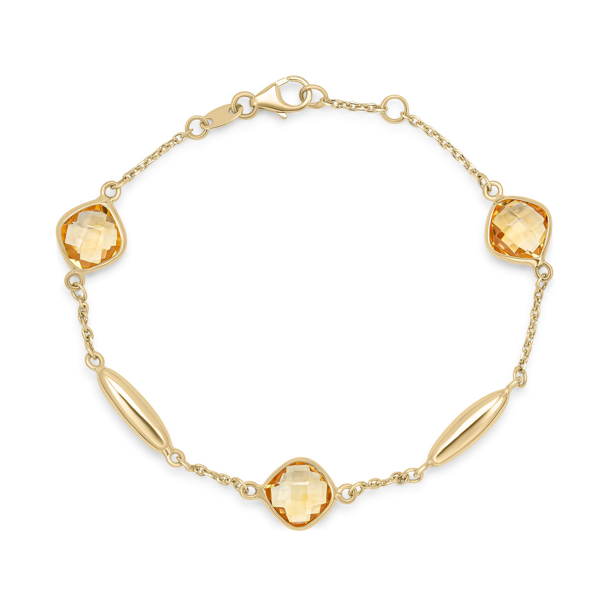 9ct Yellow Gold Checkerboard Cushion Citrine Polished Torpedo Motif and Chain Bracelet