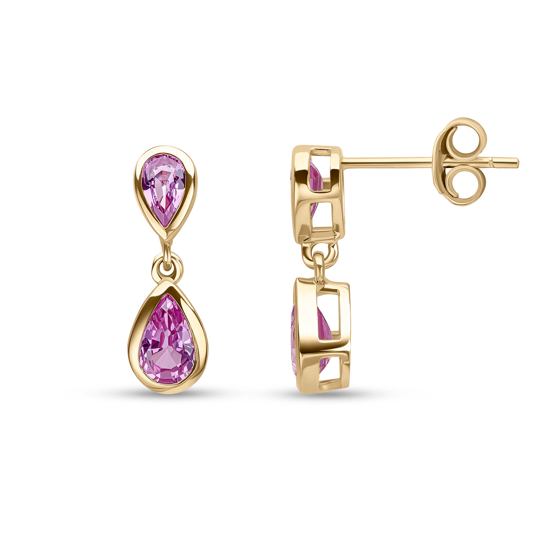 9ct Yellow Gold Pear Shape Pink Sapphire 2 Stone Rubover Drop Earrings