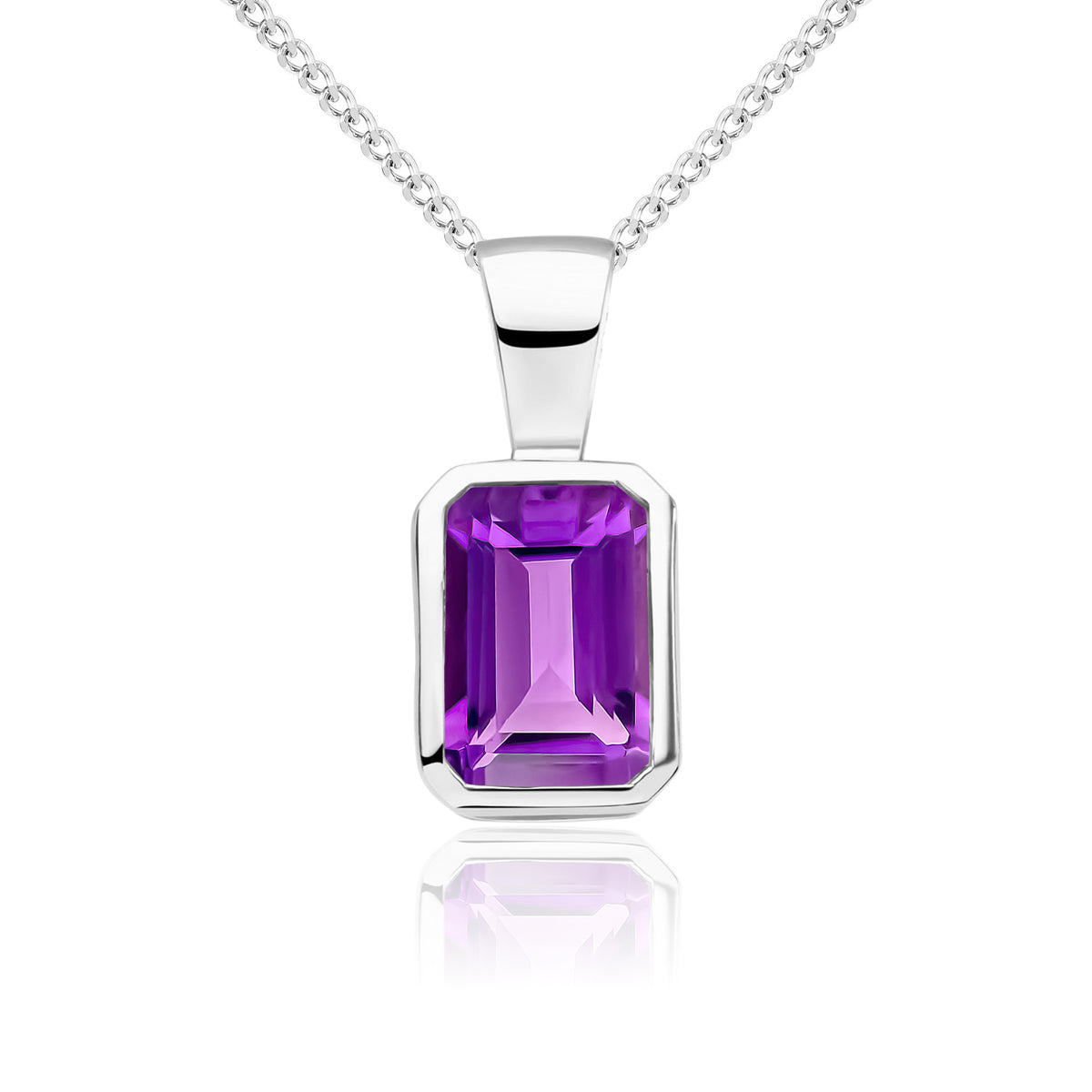 9ct White Gold 7x5 Octagon Amethyst Rubover Pendant
