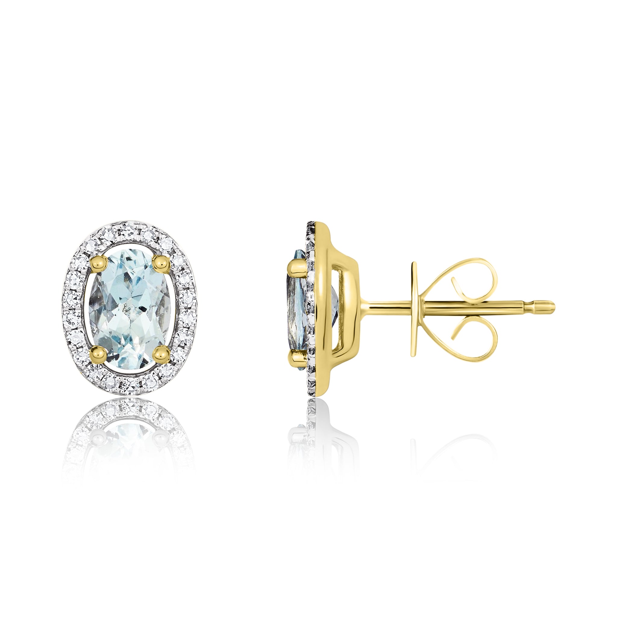 9ct Yellow Gold 6x4 Oval Aquamarine and Round Diamond Halo Cluster Earrings Rhodium to Diamonds