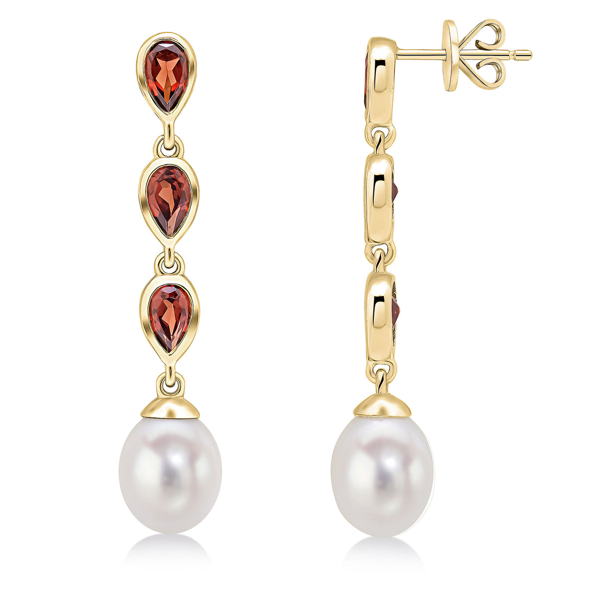 9ct Yellow Gold Pearl & Triple Pear Shape Garnet Drop Earrings