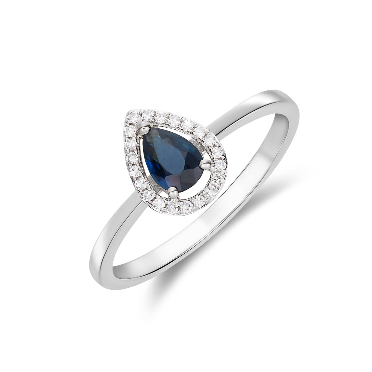 9ct White Gold 6x4 Pear Shape Sapphire & Diamond Halo Claw Cluster Ring