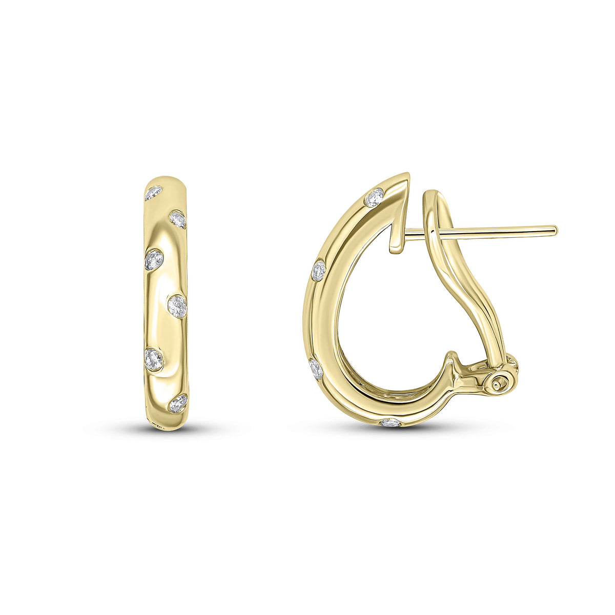 18ct Yellow Gold Round Dimond Flush Set Oval Peg and Clip Half Hoop Earrings