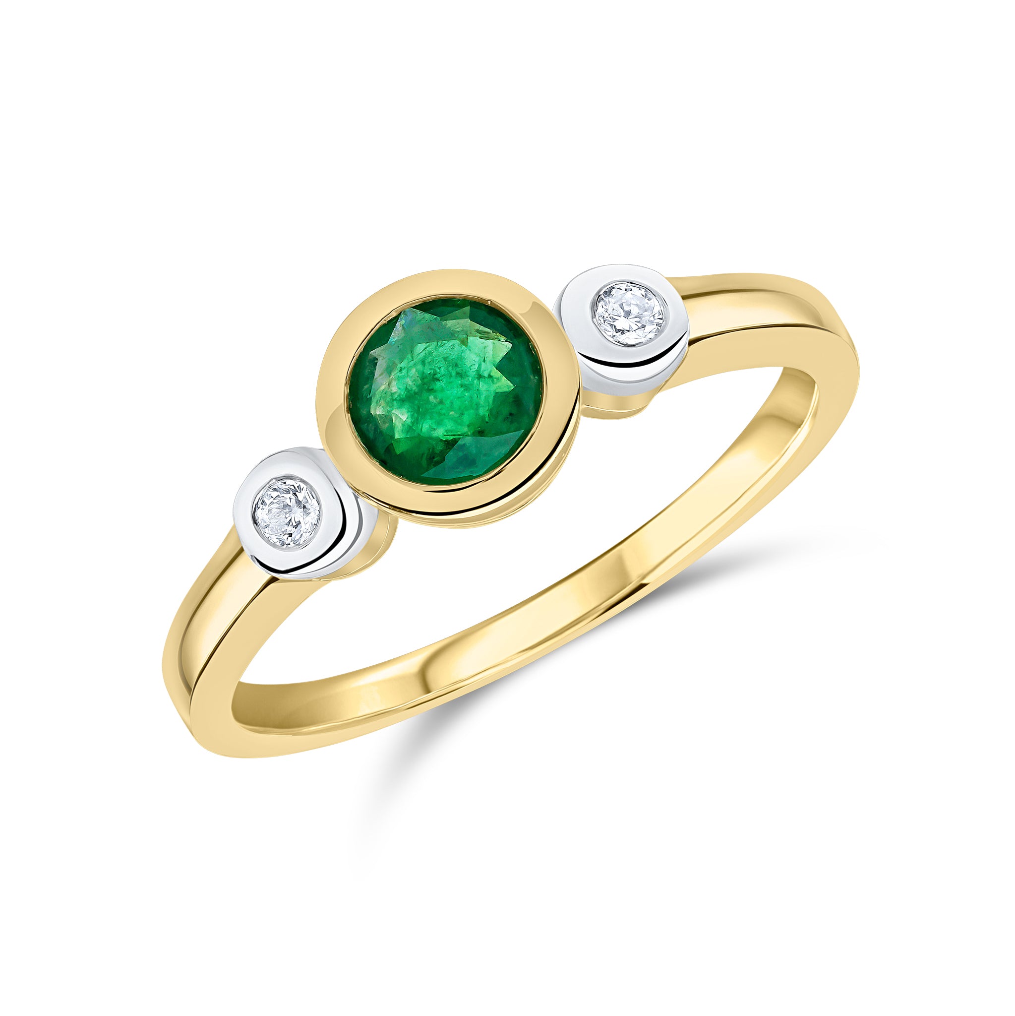 9CT YG 5MM ROUND EMERALD AND DIAMOND RUBOVER 3ST RING.RHODIUM TO DIAMONDS 1