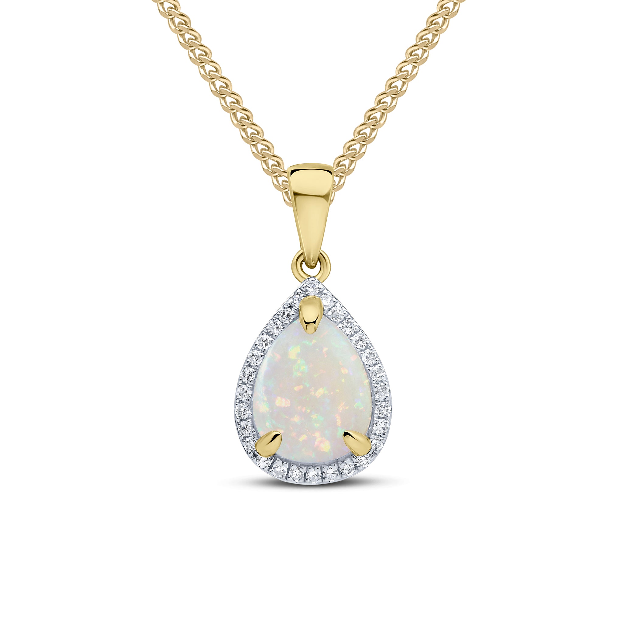 9ct yellow gold 9 x 7mm Pearshape Opal And Round Diamond Claw Set Cluster Pendant ...