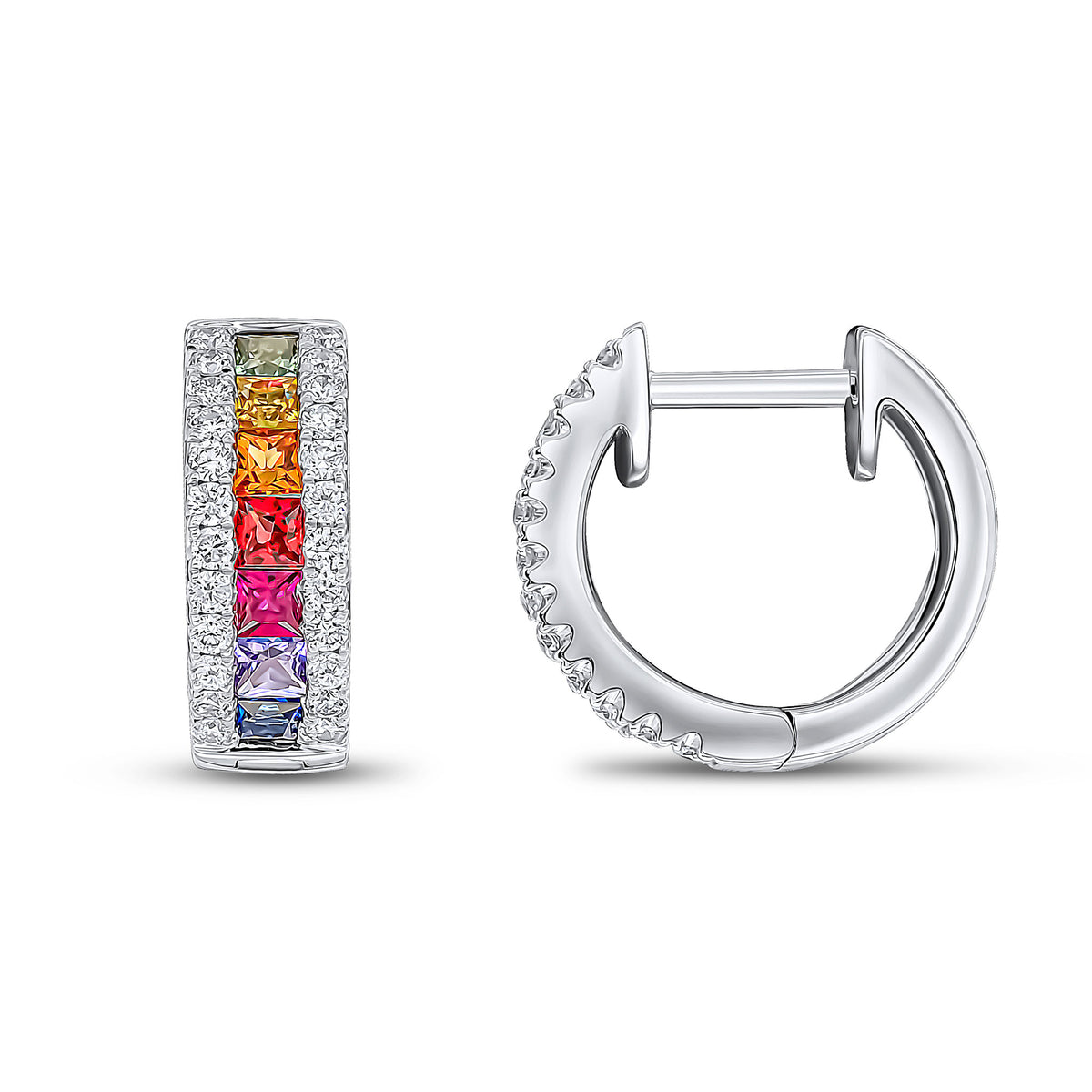 18ct White Gold Square Multi-Sapphire & Round Diamond 3 Row Huggy Earrings