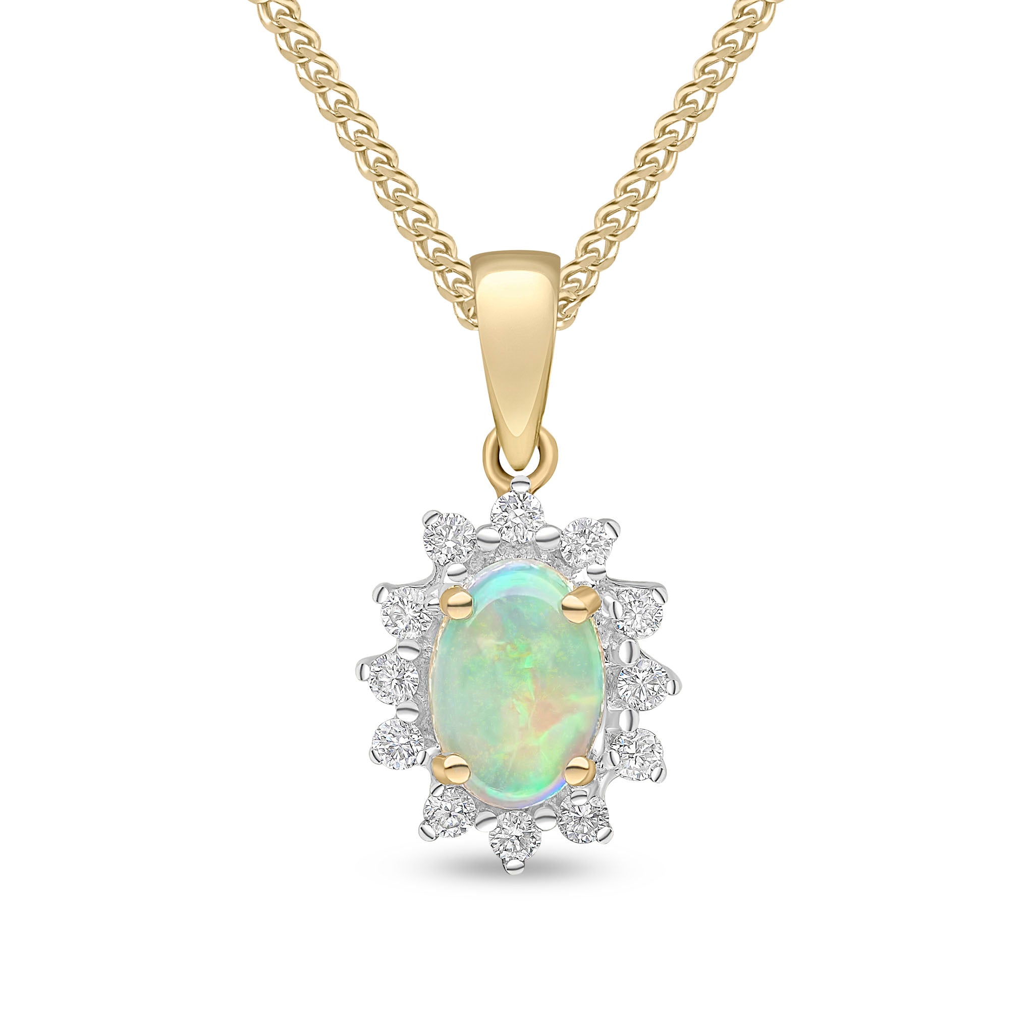 18ct Yellow Gold 7x5 Oval Opal & Round Diamond Claw Set Cluster Pendant Rhodium to Diamonds