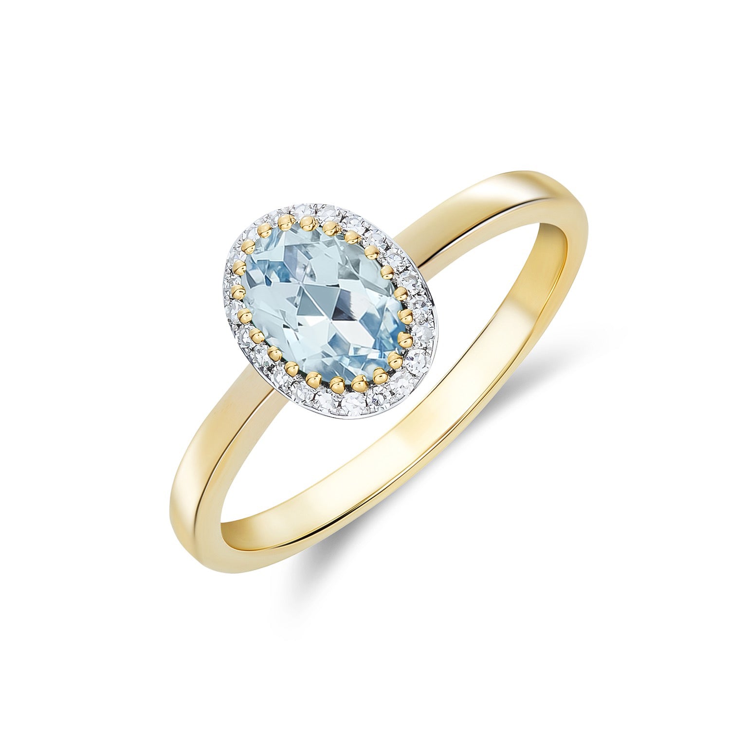 9ct Yellow Gold Oval Aquamarine and Round Diamond Claw Set Cluster Ring