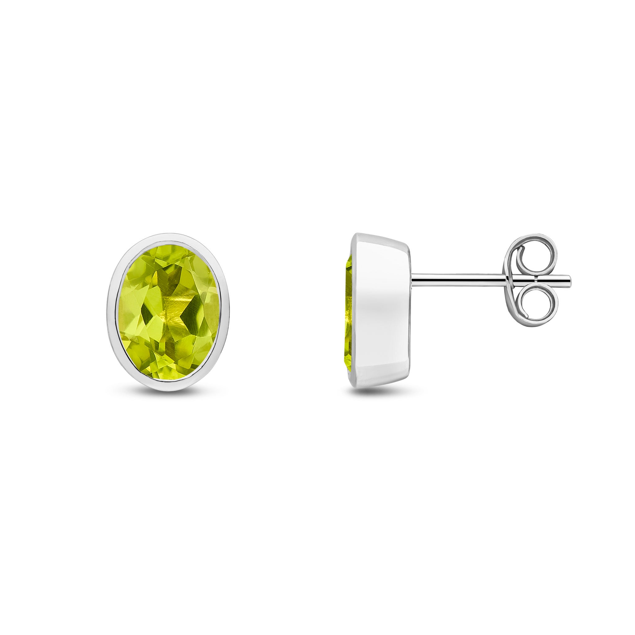 9ct White Gold 8x6 Oval Peridot Rubover Earrings