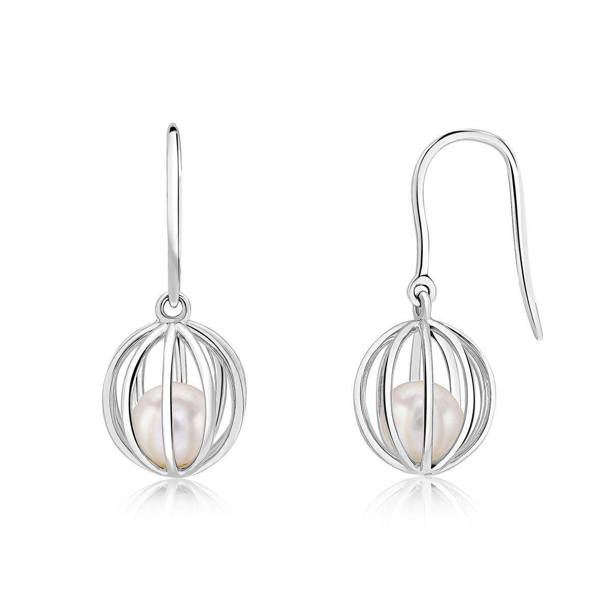 9ct White Gold Pearl in Round Cage Drop Earrings with Hook Wire Fittings