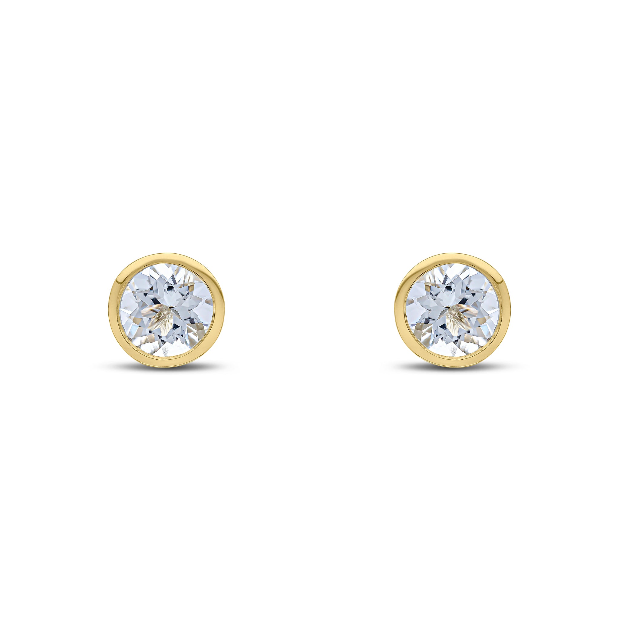 9ct yellow gold 6mm Round aquamarine rubover Earrings
