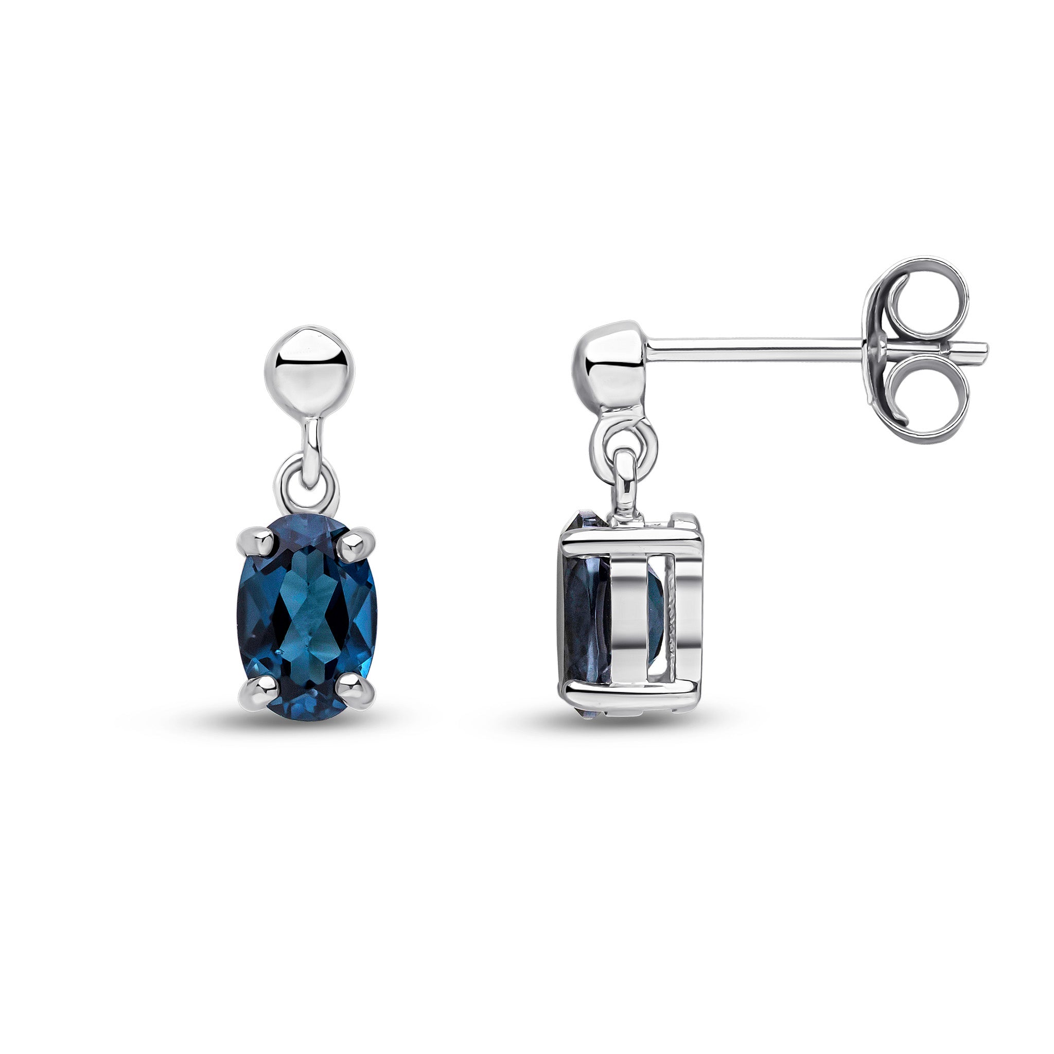 9ct White Gold 6x4 Oval London Blue Topaz Claw Set Drop Earrings with Bead Top