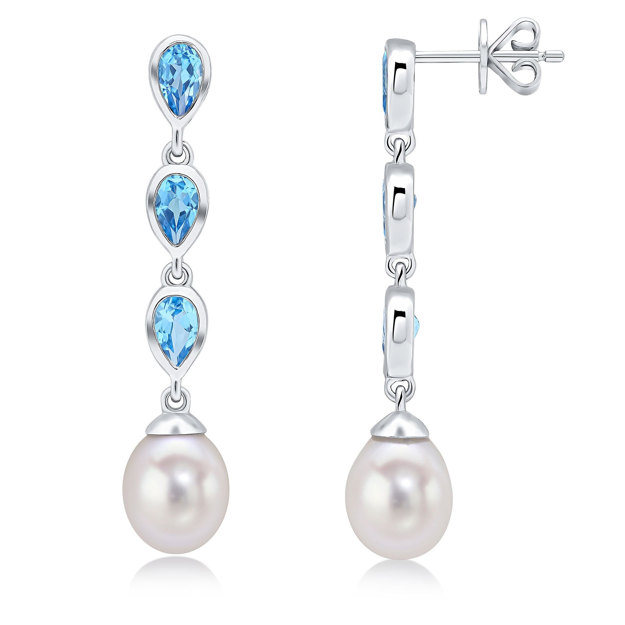 9ct White Gold Pearl & Triple Pear Shape Swiss Blue Topaz Drop Earrings