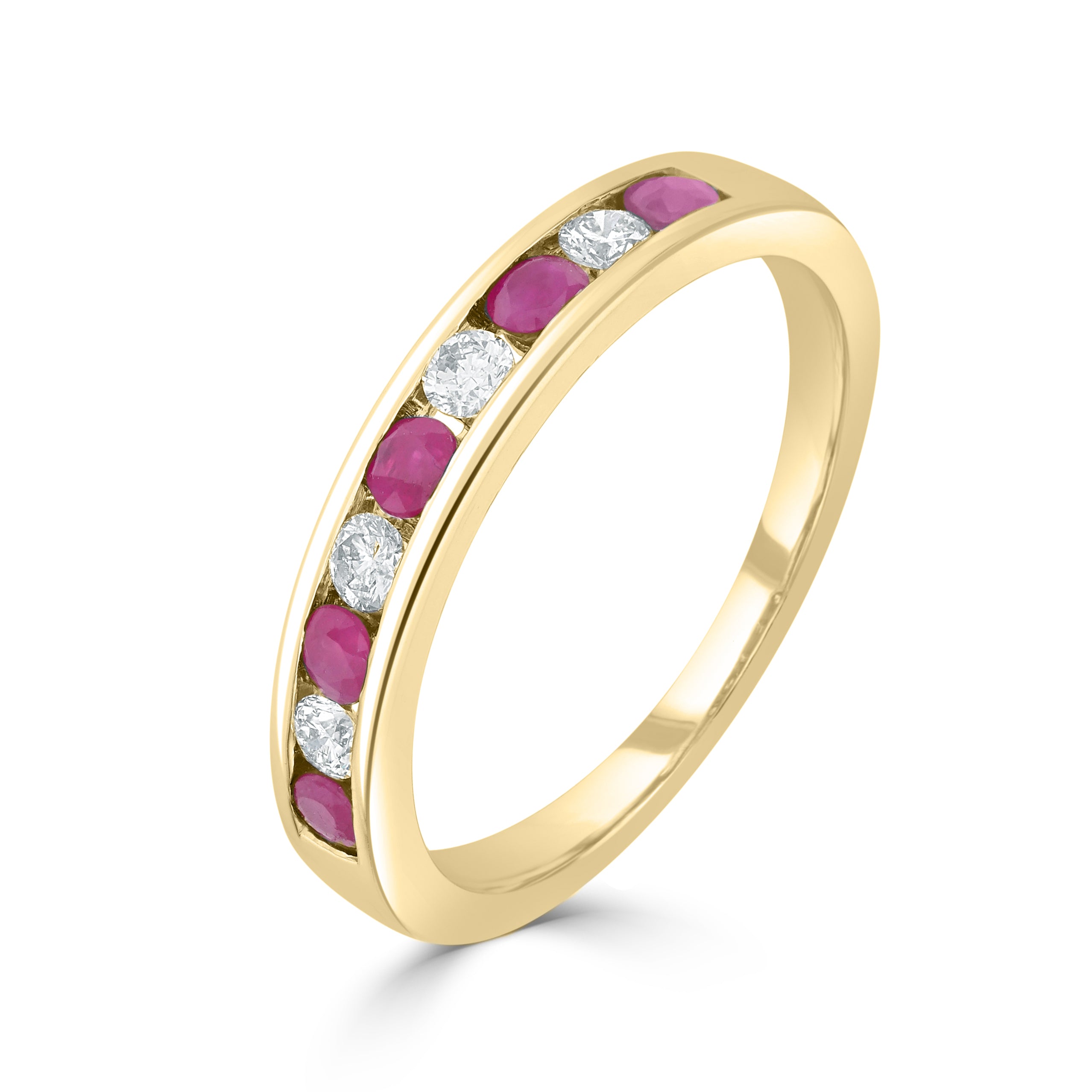 9ct Yellow Gold Round Ruby and Diamond 9 Stone Channel Set Half Eternity Ring