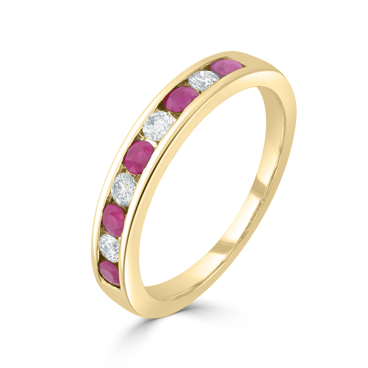 9ct Yellow Gold Round Ruby and Diamond 9 Stone Channel Set Half Eternity Ring