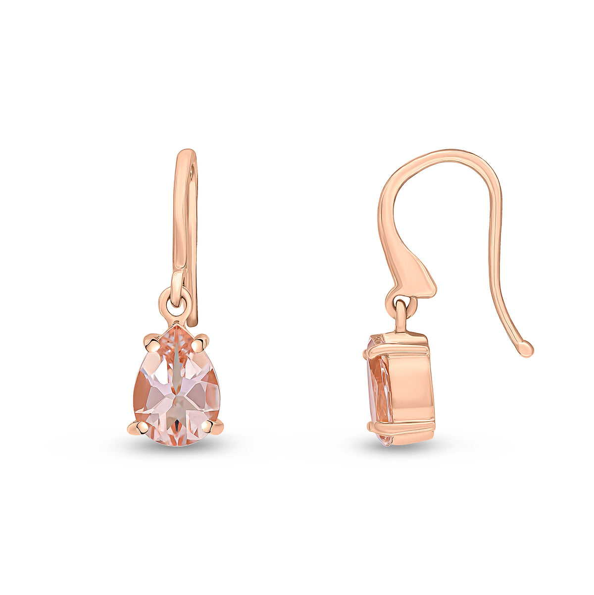 9ct Rose Gold 7x5 Pear Shape Morganite Claw Set Wire Hook Drop Earrings