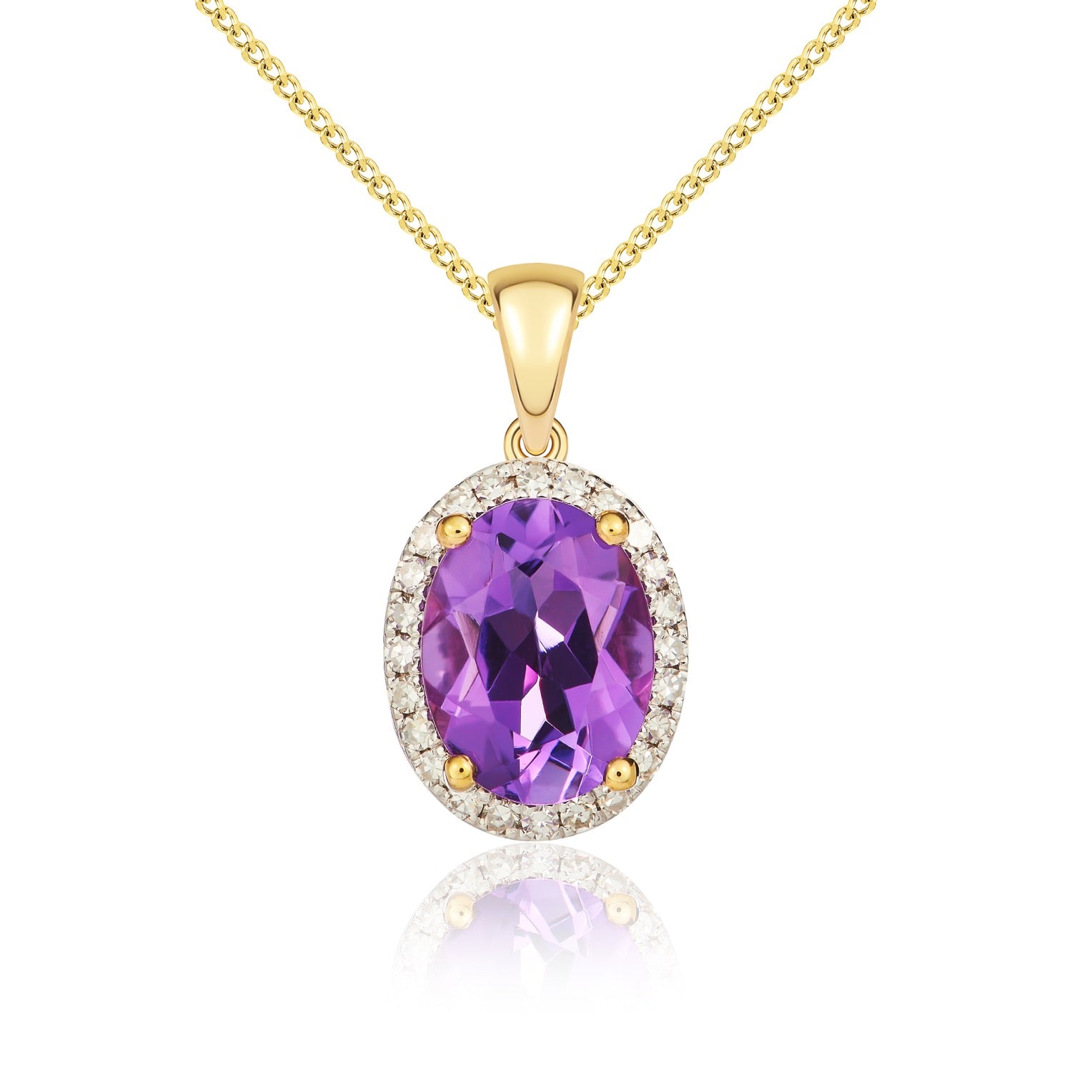 9ct Yellow Gold 8x6mm Oval Amethyst & Diamond Claw Set Cluster Pendant Rhodium to Diamonds