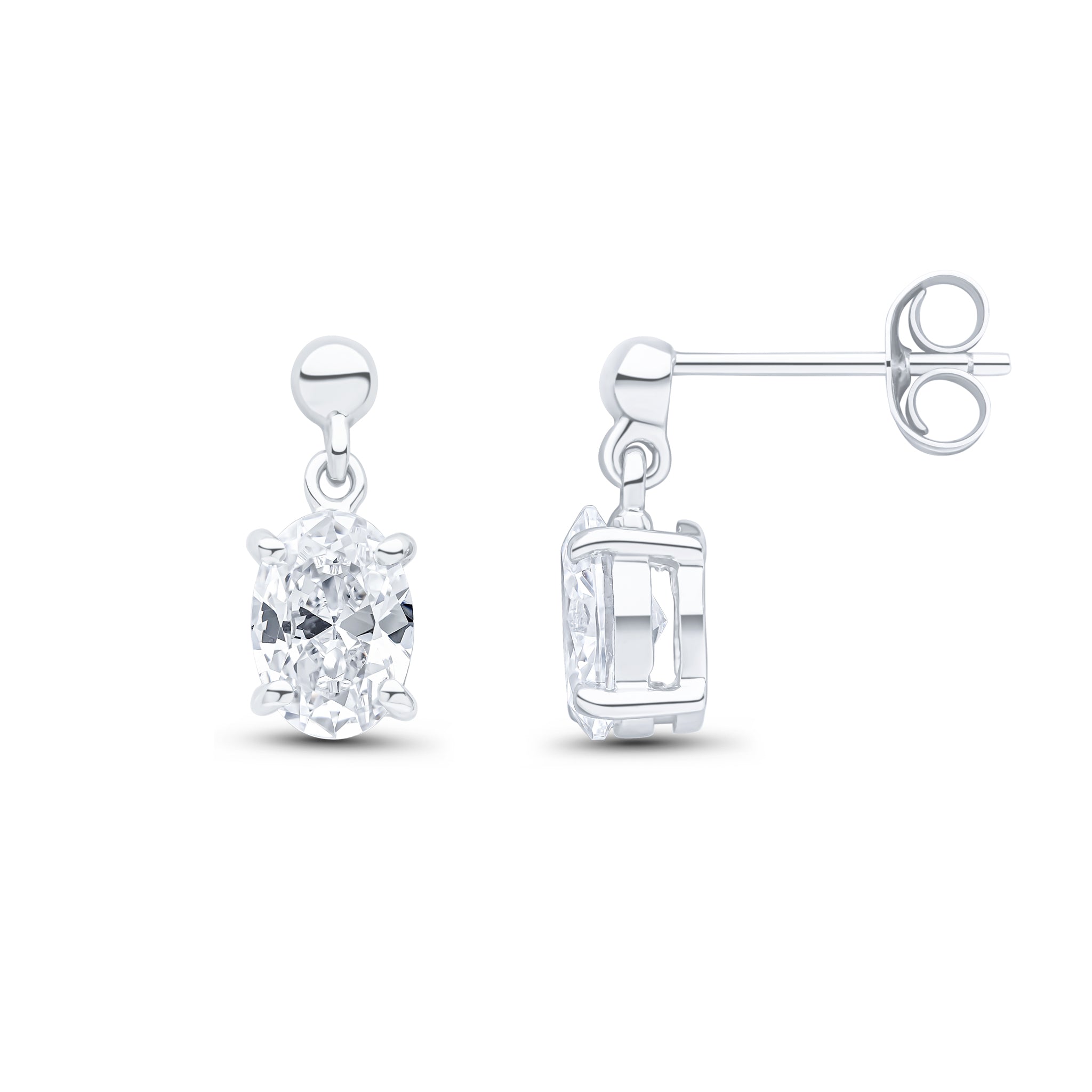9ct White Gold 7x5 Oval CZ Claw Set Drop Earrings with Bead Top