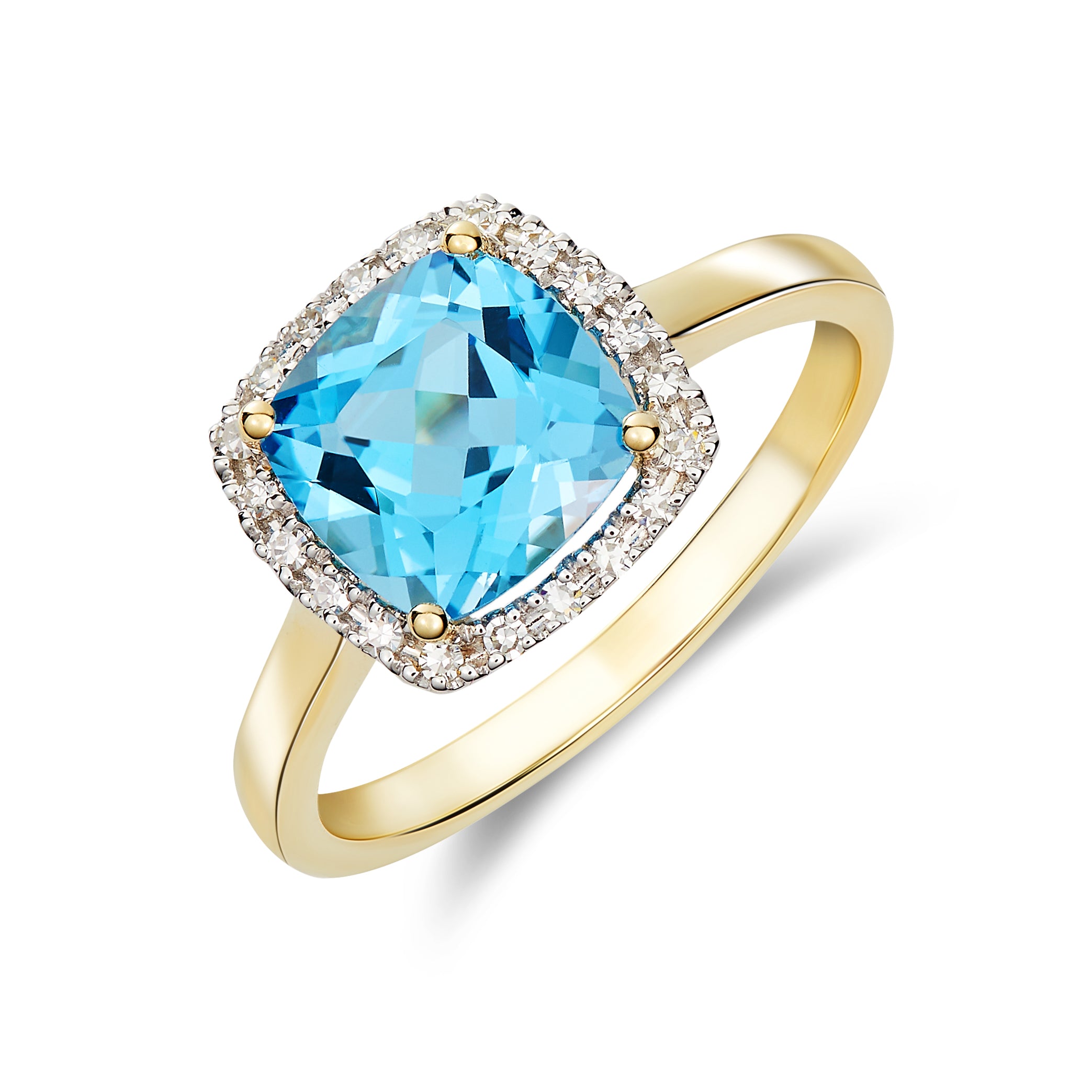9CT YG 8MM CUSHION SWISS BLUE TOPAZ AND ROUND DIAMOND CLAW CLUSTER RING. RHODIUM TO DIAMONDS 1