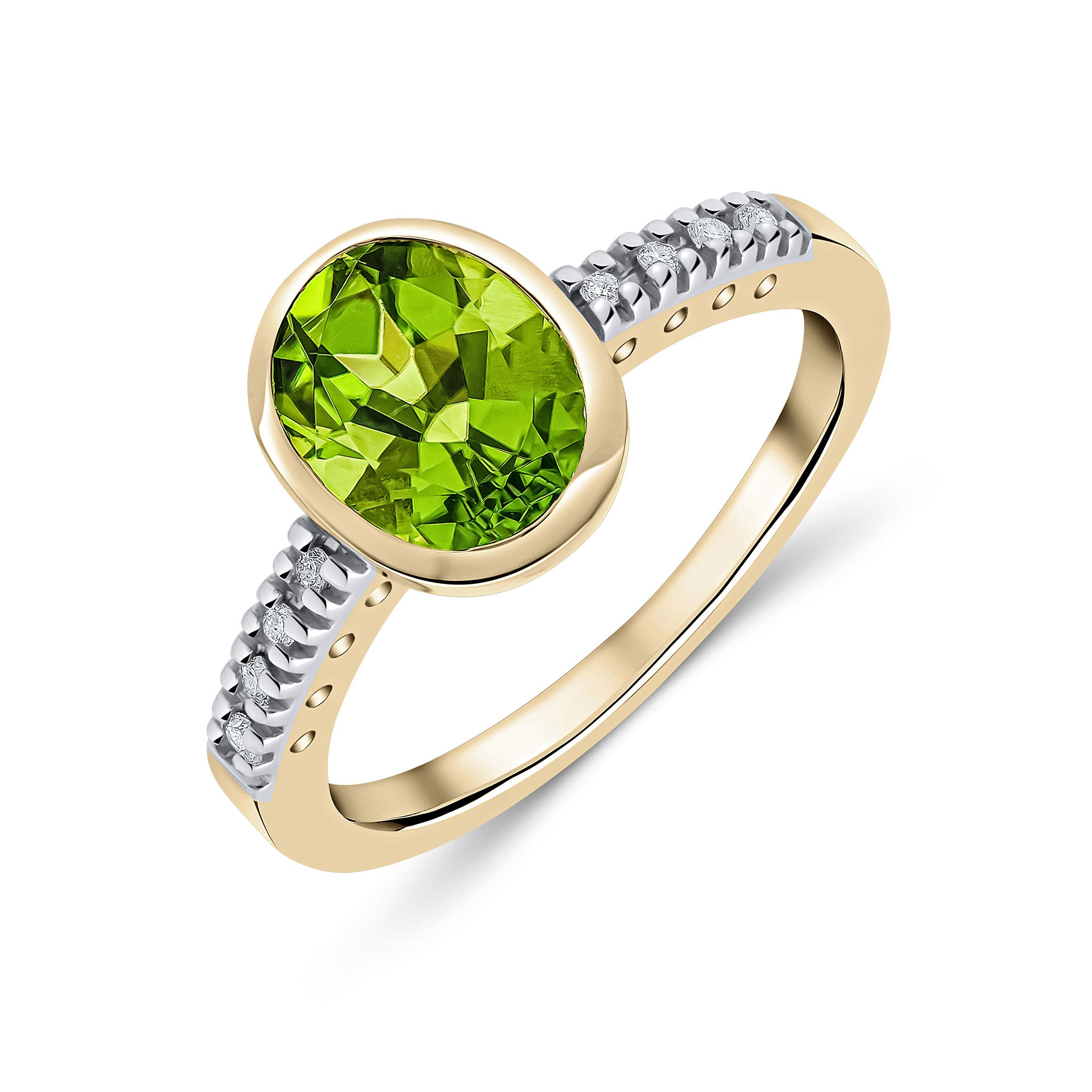 9ct Yellow Gold Rubover 9x7 Oval Peridot Single Stone Ring with Claw Set Diamond Shoulders Rhodium to Diamonds