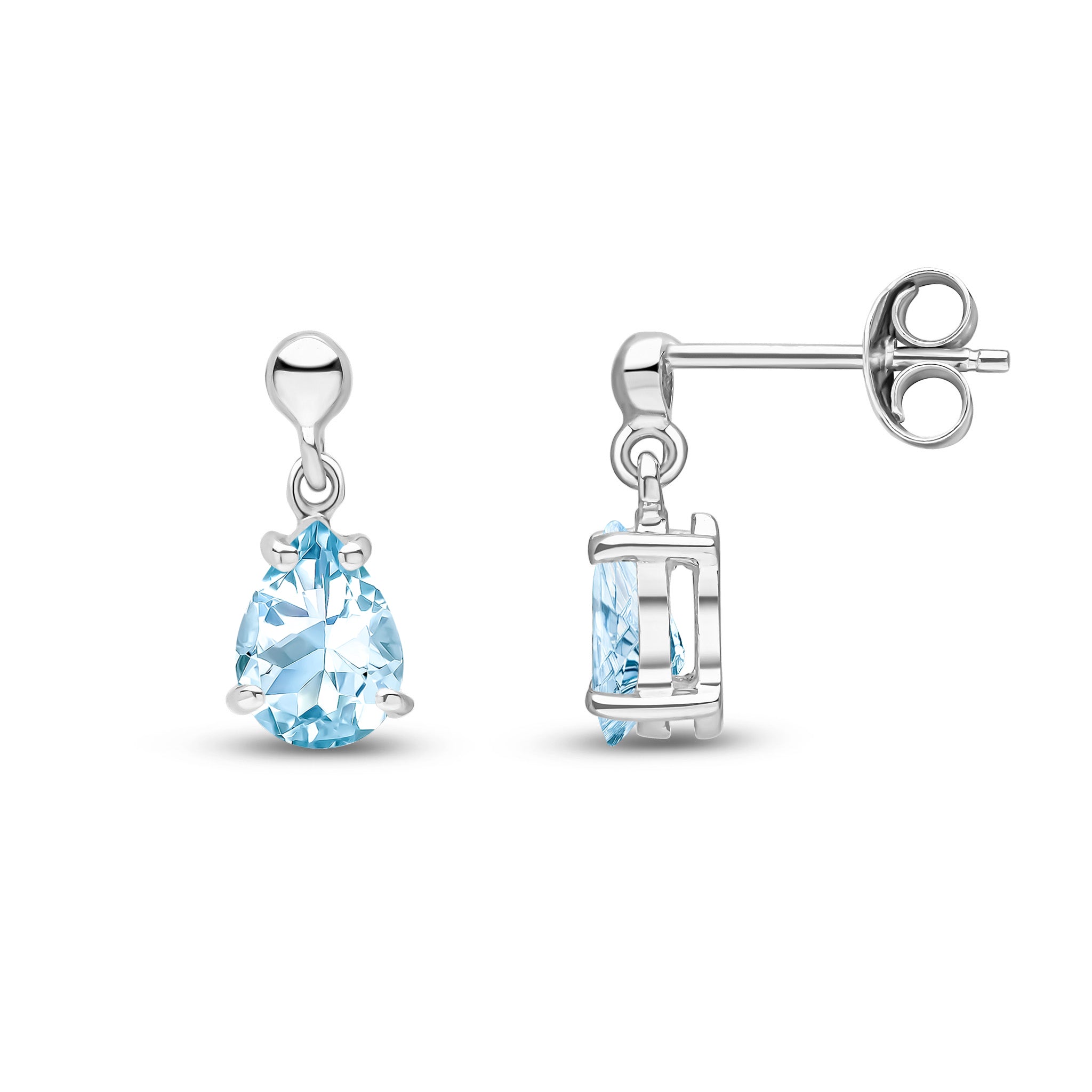 9ct White Gold 7x5 Pear Shape Aquamarine Claw Set Drop Earrings with Bead Top