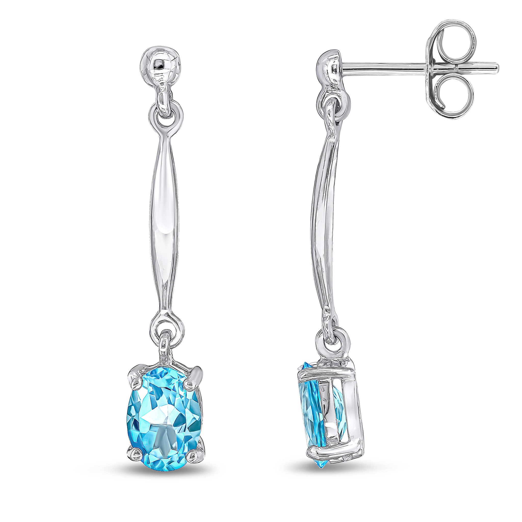 9ct White Gold 7x5mm Oval Swiss Blue Topaz and Bar Drop Earrings with Bead Top