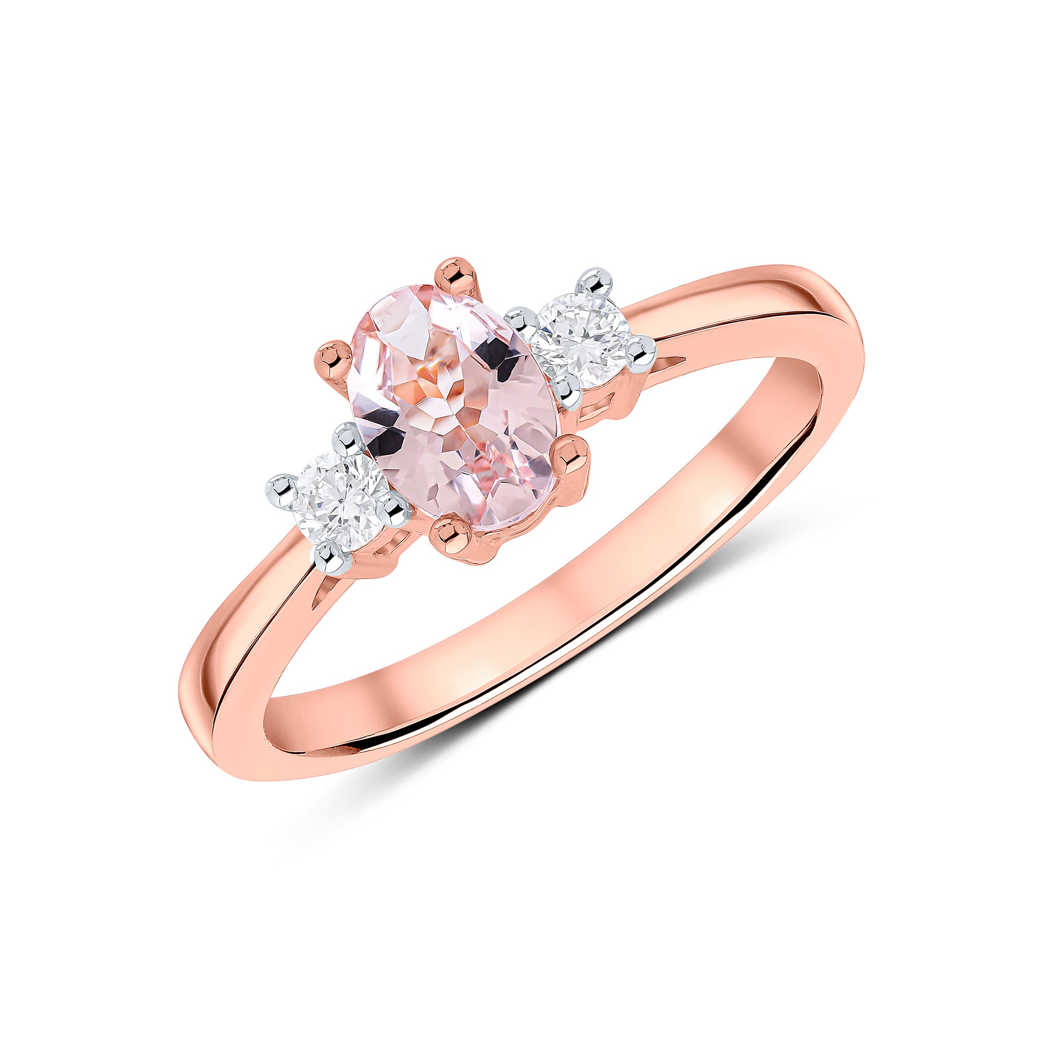 9CT RG 7X5 OVAL MORGANITE AND ROUND DIAMOND CLAW SET 3ST RING. RHODIUM TO DIAMONDS 1