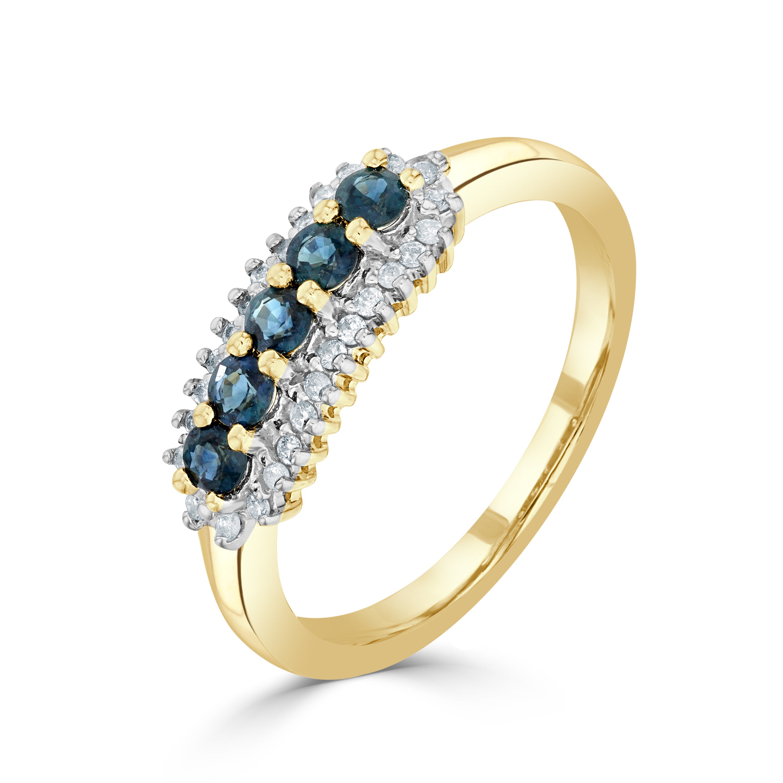 9CT YG ROUND SAPPHIRE AND ROUND DIAMOND 3 ROW CLAW SET BAND RING. RHODIUM TO DIAMONDS 1
