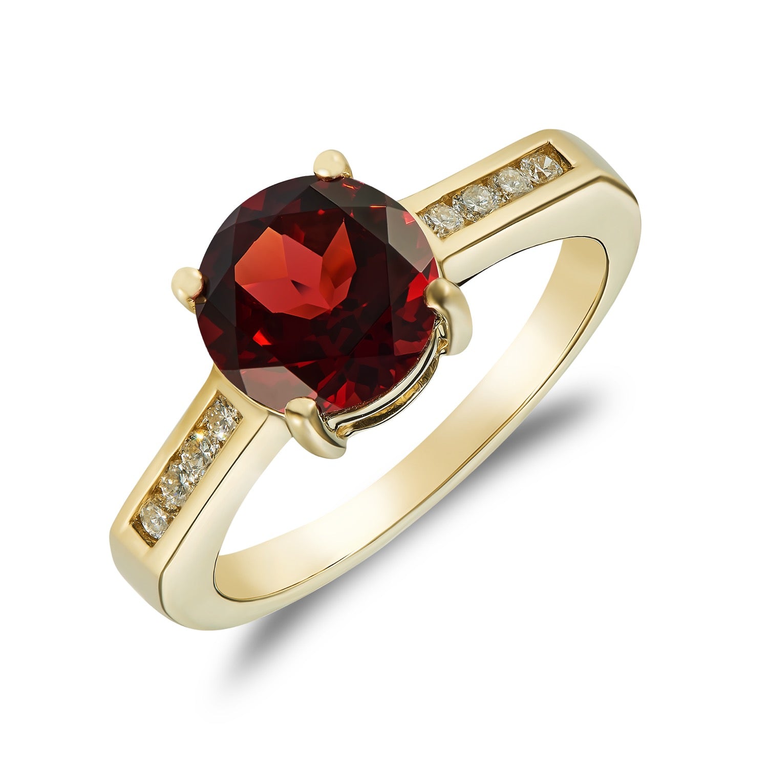9ct Yellow Gold Claw Set 8mm Round Garnet Single Stone Ring with Channel Set Diamond Shoulders