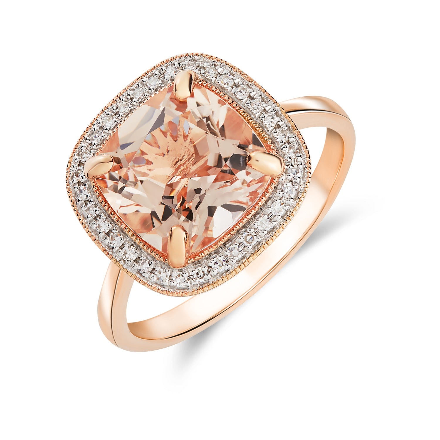 9ct Rose Gold 9mm Cushion Morganite and Diamond Cluster Ring with Milgrain Edge Rhodium to Diamonds