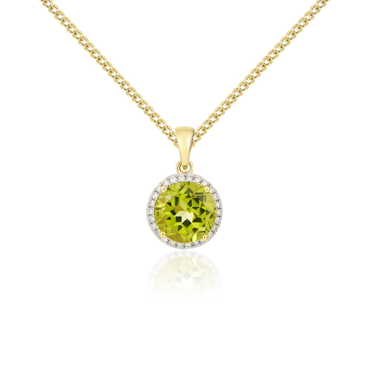 9ct Yellow Gold 8mm Round Peridot and Diamond Claw Cluster Pendant