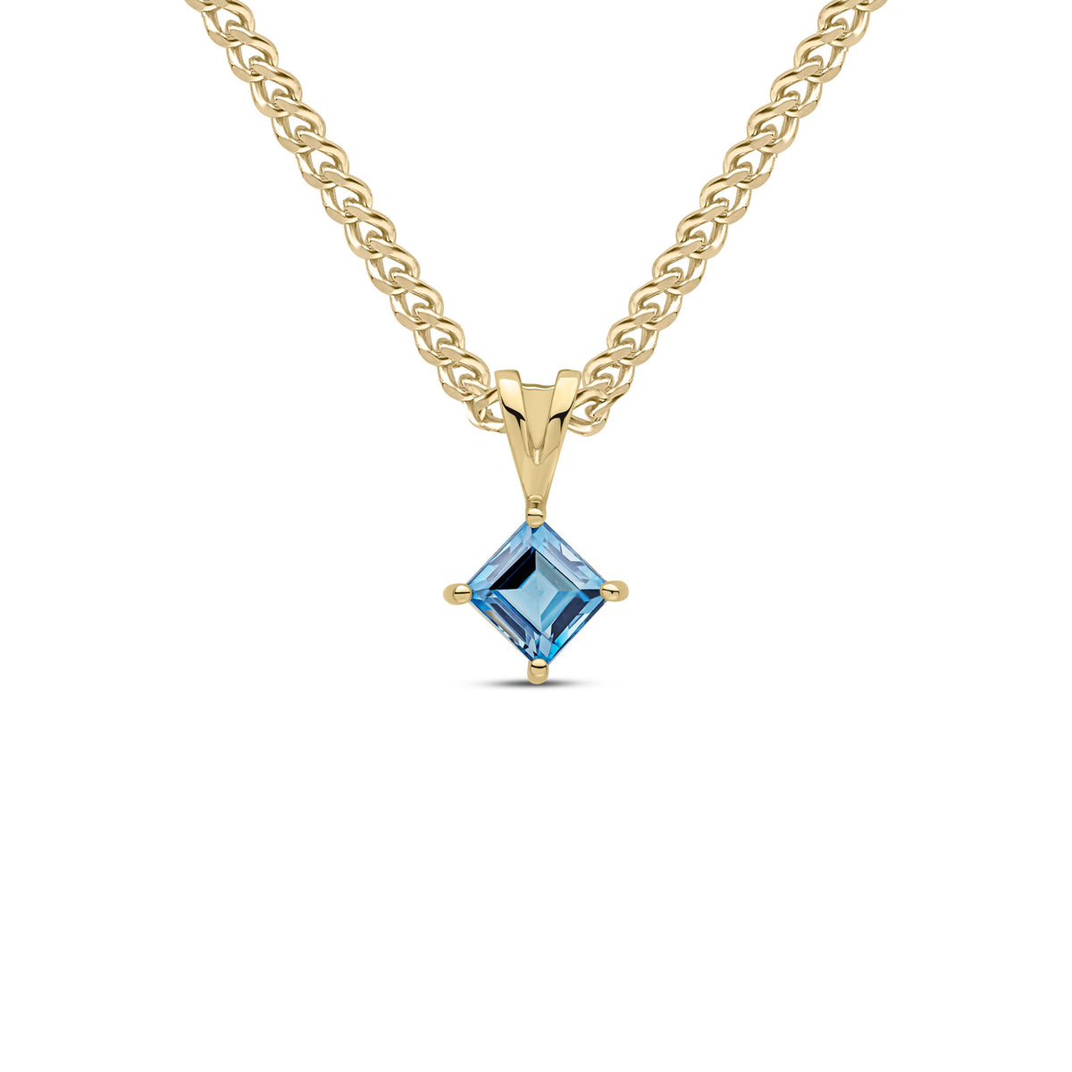9ct Yellow Gold 5mm Square London Blue Topaz Claw Set Pendant with Split Loop