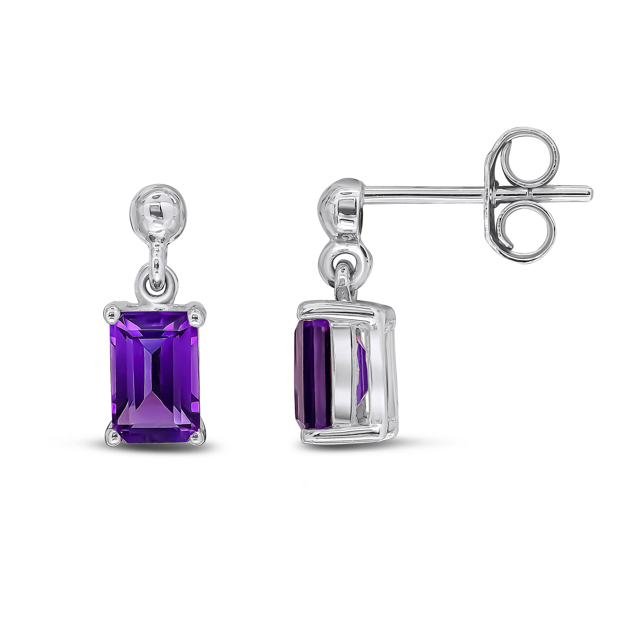 9ct White Gold 6x4 Octagon Amethyst Claw Set Drop Earrings with Bead Top