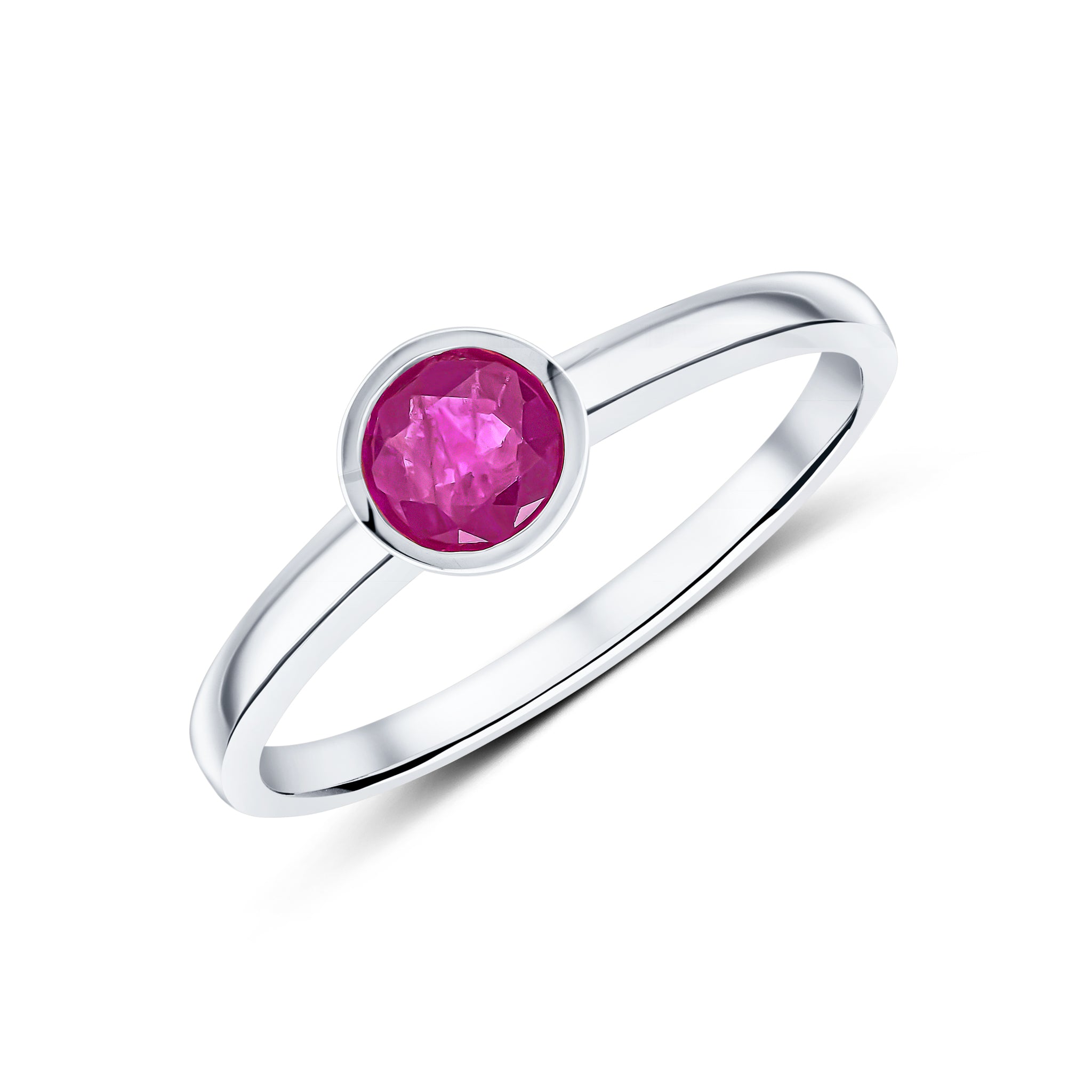 9ct White Gold 5mm Round Ruby Rubover Single Stone Ring