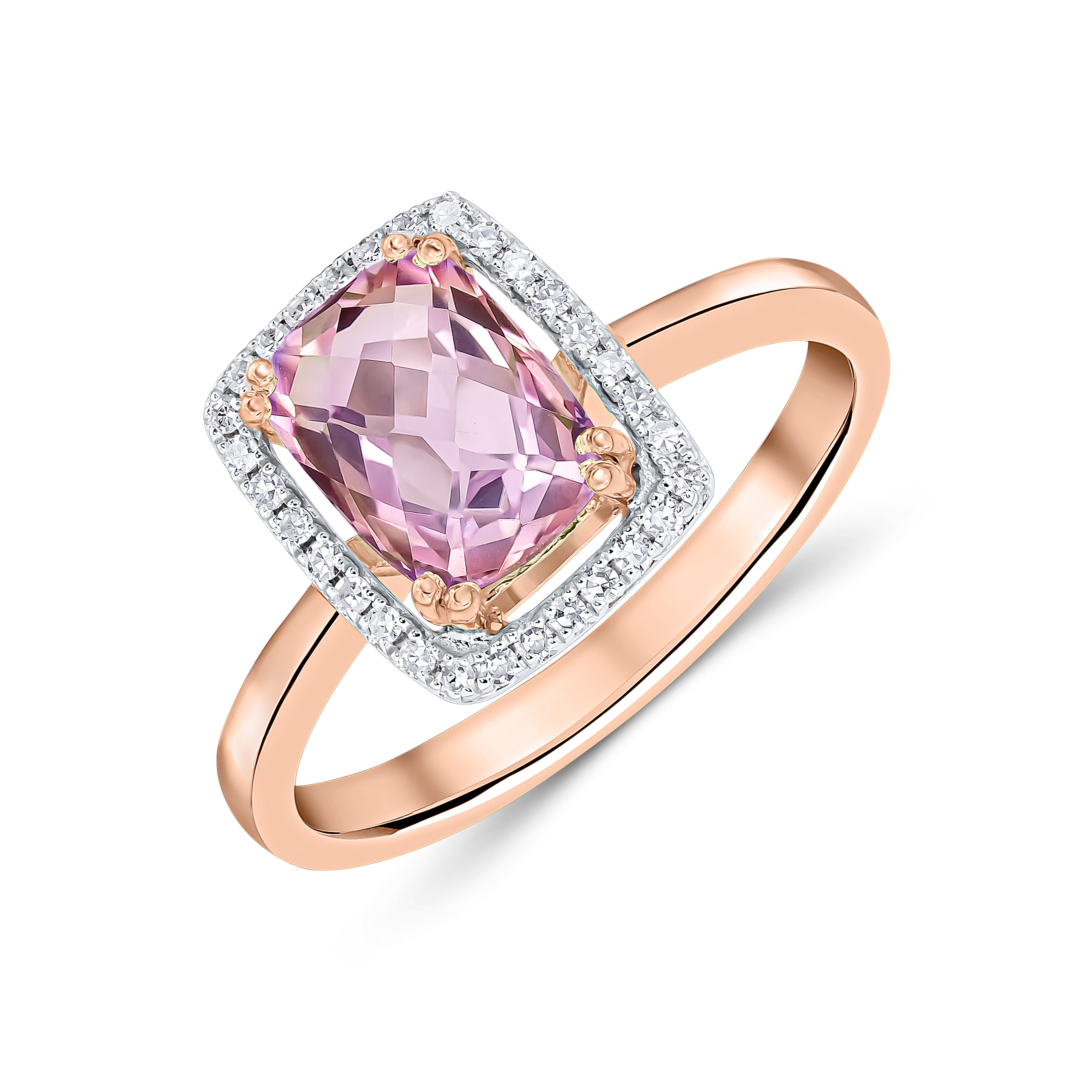 9ct Rose Gold 8x6 Cushion Checkerboard Cut Pink Amethyst & Diamond Halo Cluster Ring