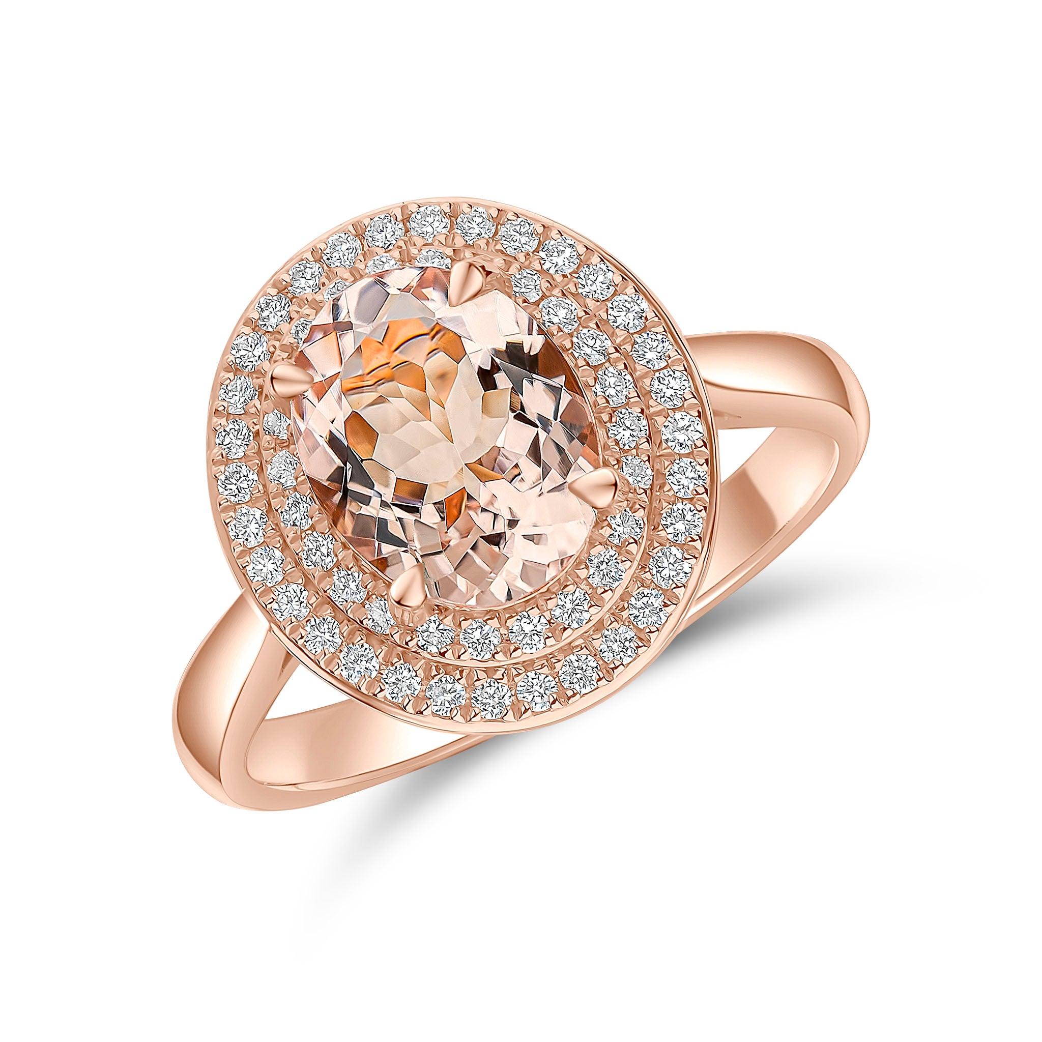 18ct Rose Gold Oval Morganite & Diamond 2 Row Claw Set Cluster Ring