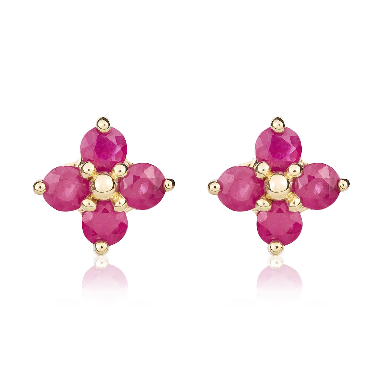 9ct Yellow Gold Round Ruby Quatrefoil Claw Earrings