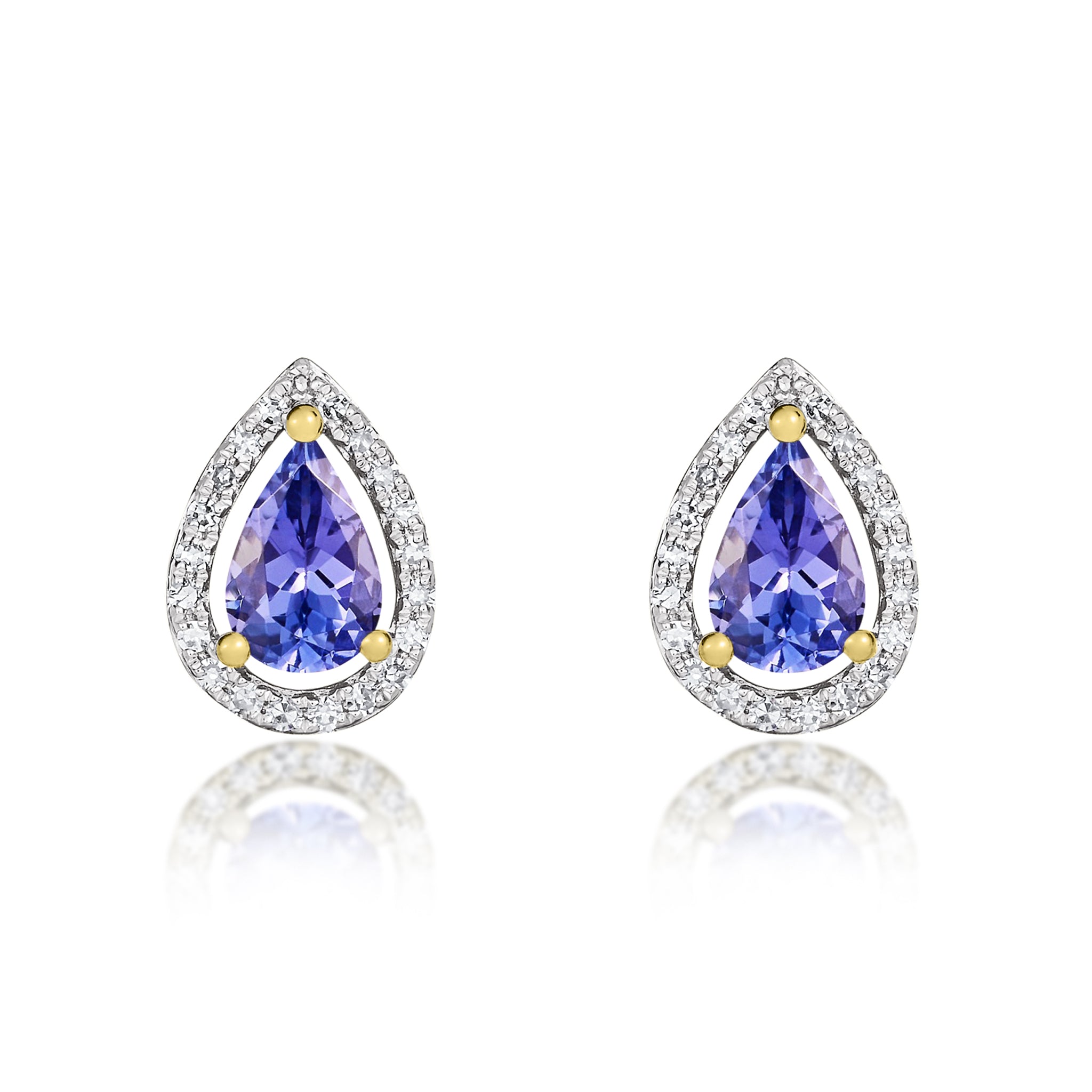 9ct Yellow Gold 6x4 Pear Shape Tanzanite & Diamond Halo Cluster Earrings Rhodium to Diamonds