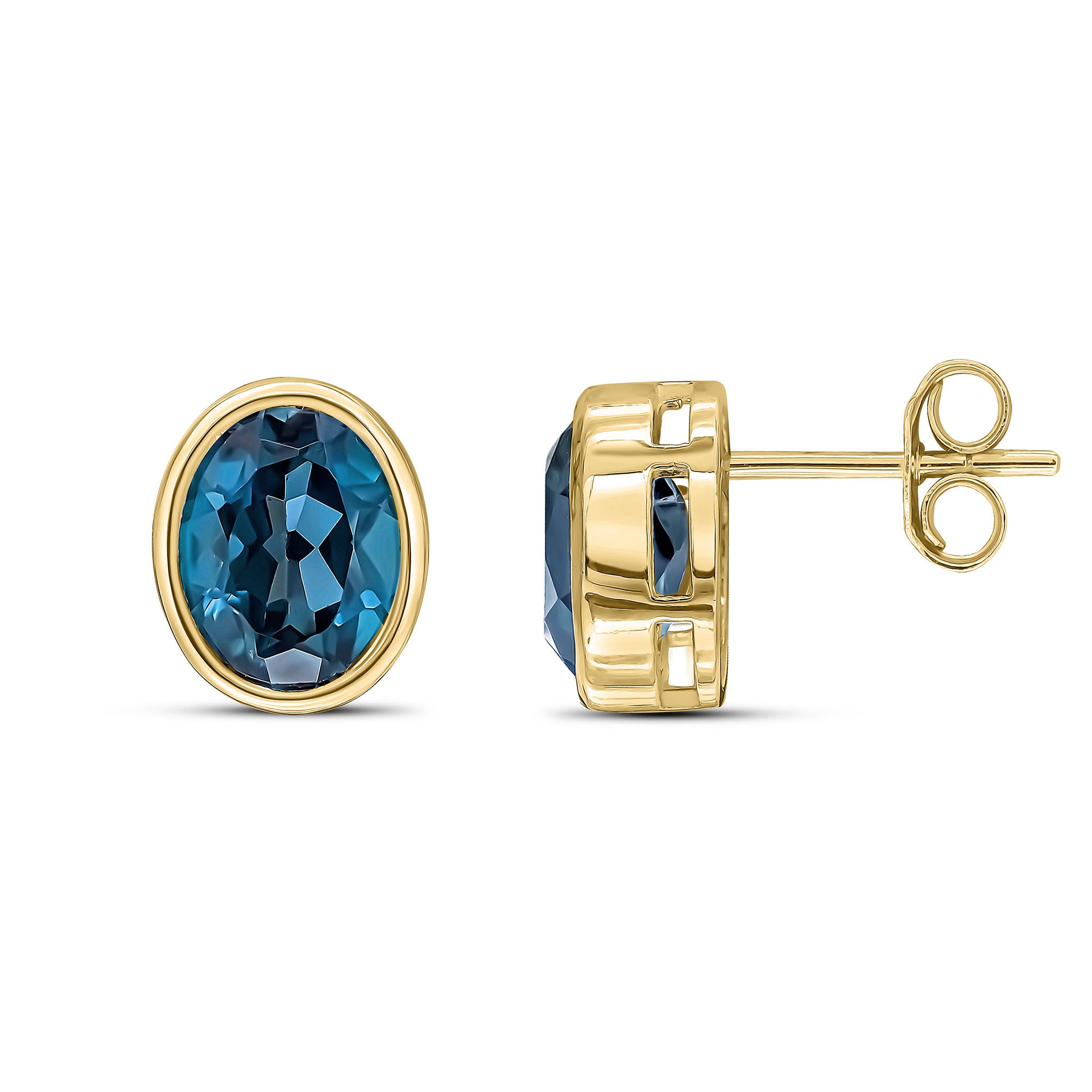 9ct Yellow Gold 9x7 Oval London Blue Topaz Rubover Earrings