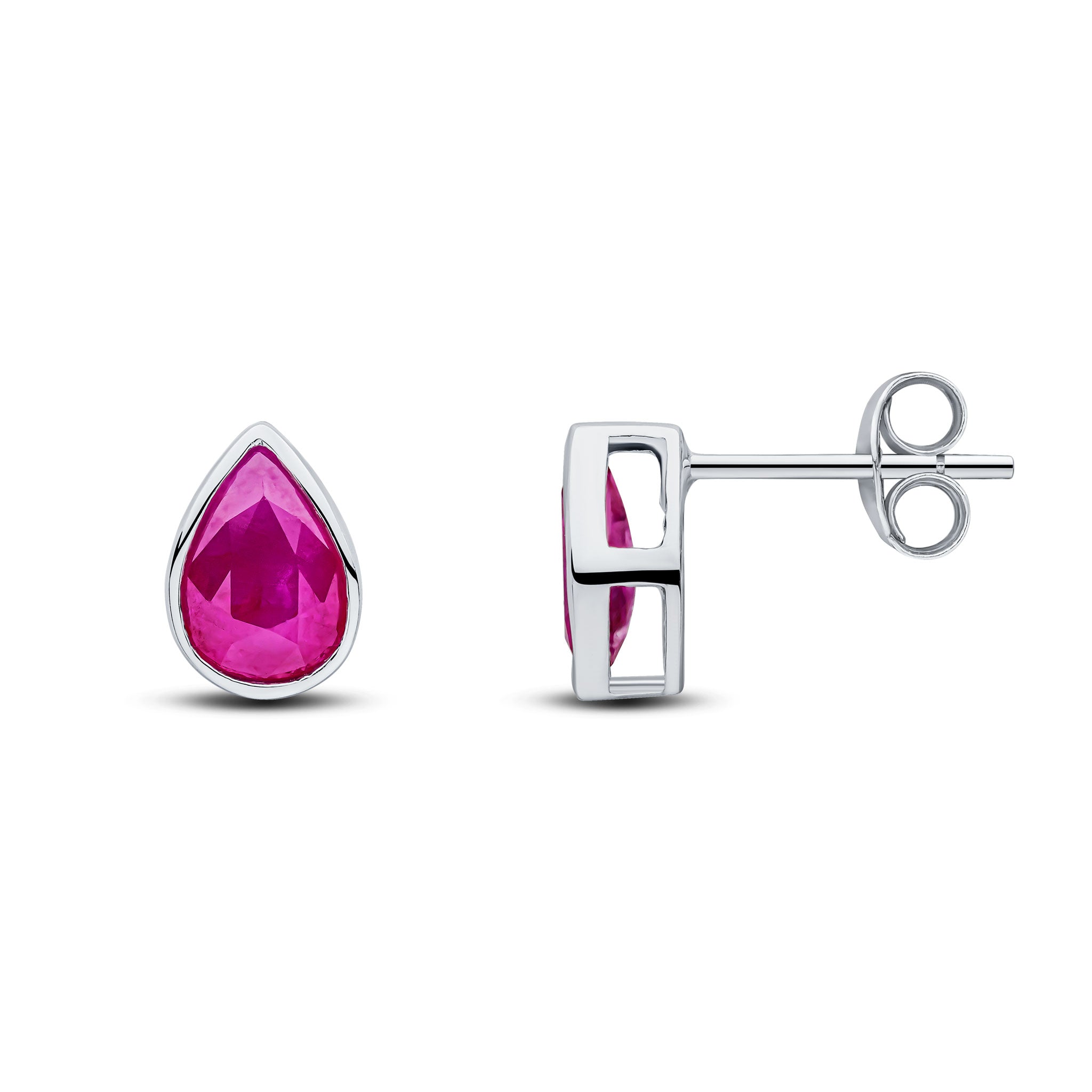 9ct White Gold 7x5 Pear Shape Ruby Rubover Set Earrings