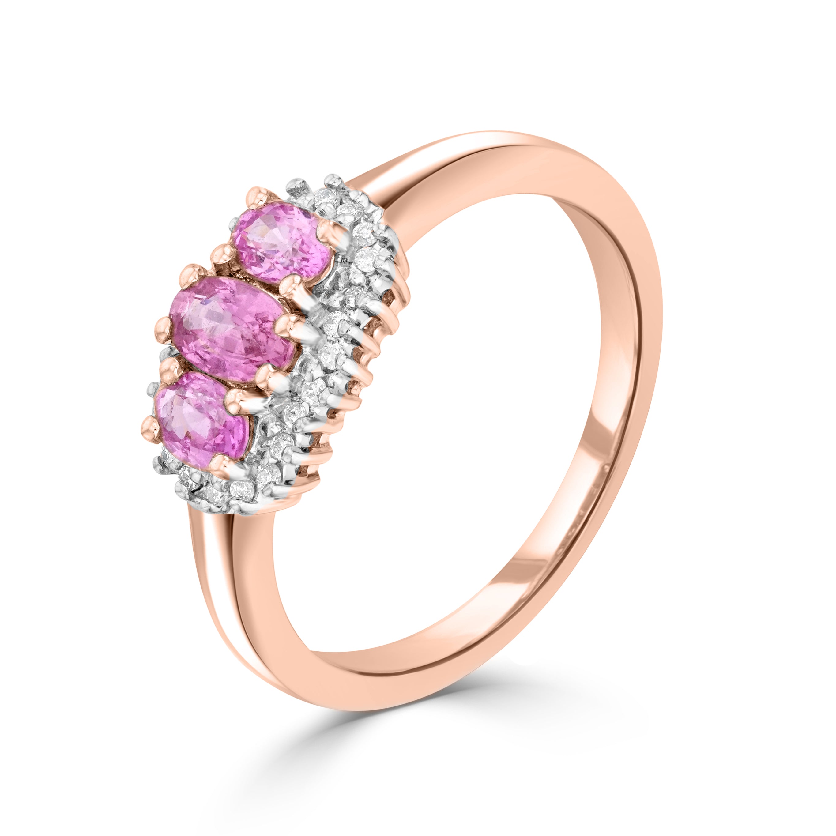 "9CT RG OVAL PINK SAPPHIRE AND DIAMOND TRIPLE CLUSTER RING. RHODIUM TO DIAMONDS 1
