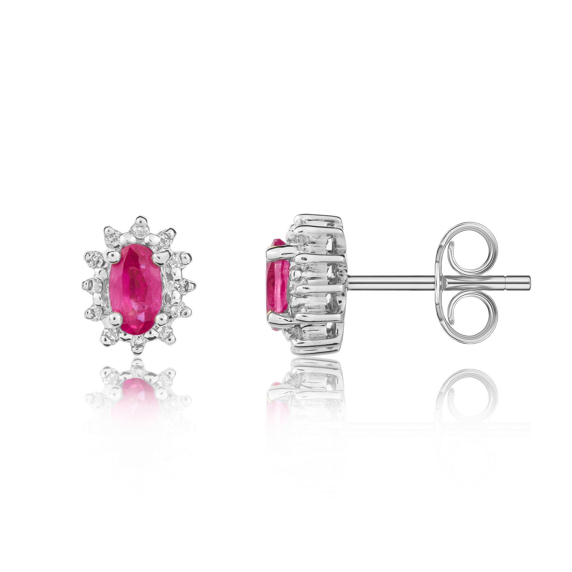 9ct White Gold 5x3 Oval Ruby & Diamond Claw Set Cluster Earrings