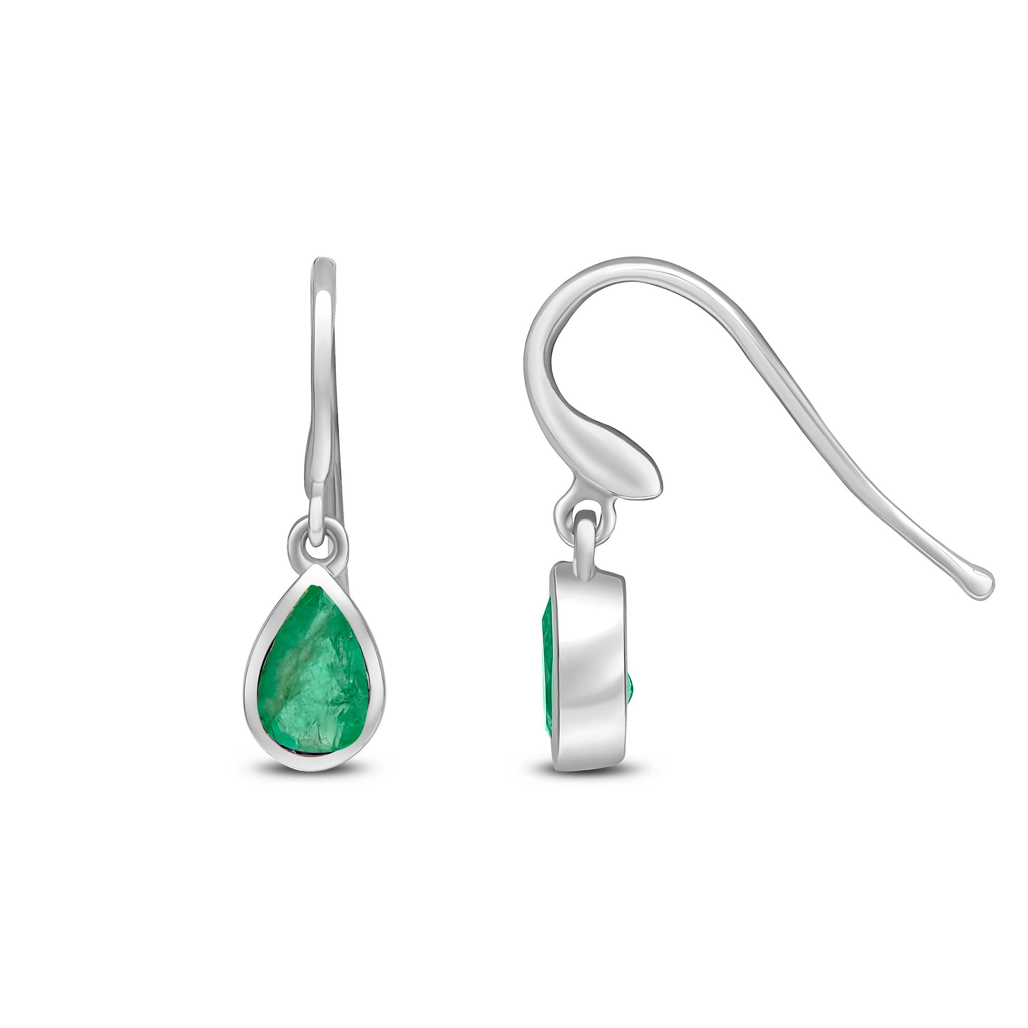 9ct White Gold 6x4 Pear Shape Emerald Rubover Drop Earrings Hook Wire Fitting