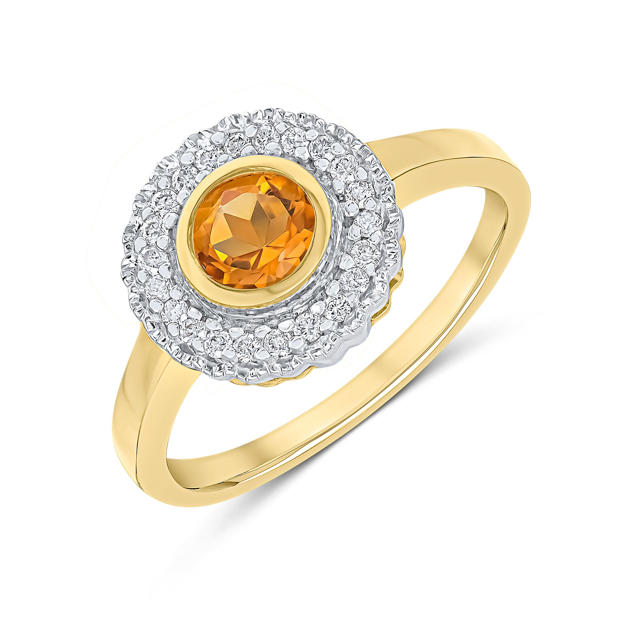 9CT YELLOW GOLD ROUND RUBOVER CITRINE AND MILLEGRAIN ROUND DIAMOND CLUSTER RING. RHODIUM TO DIAMONDS 1