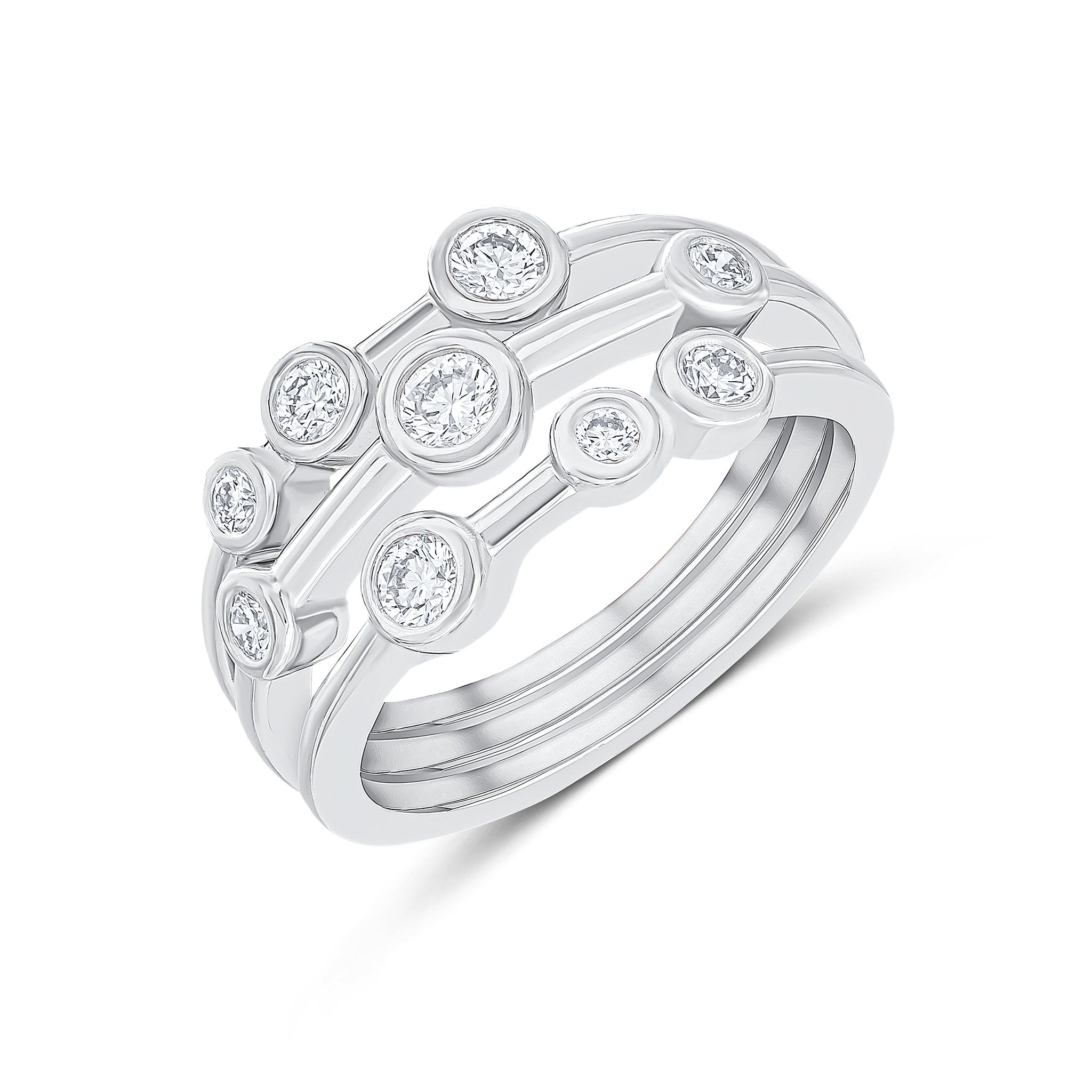 18ct White Gold Round Diamond Rubover Bubble 3 Row Band Ring 0.50ct