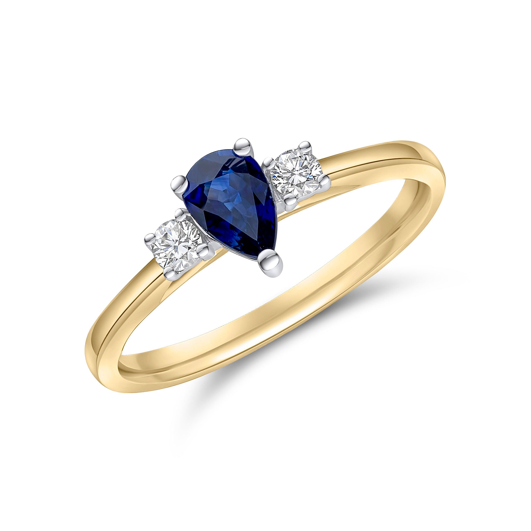 18ct Ywg 6x4 Pear Shape Sapphire and Round Diamond 3 Stone Claw Ring