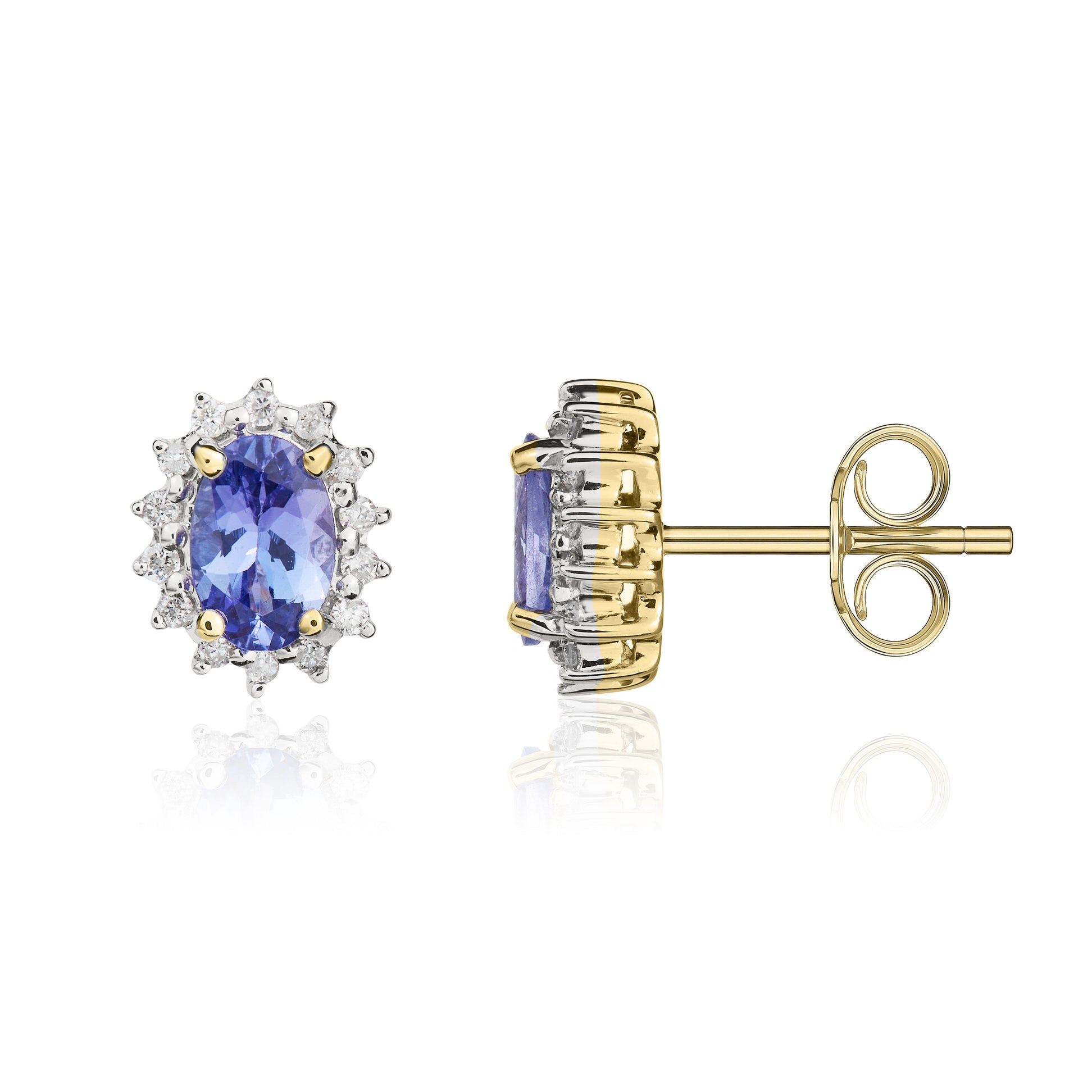 9ct Yellow Gold 6x4 Oval Tanzanite & Diamond Claw Set Cluster Earrings Rhodium to Diamonds